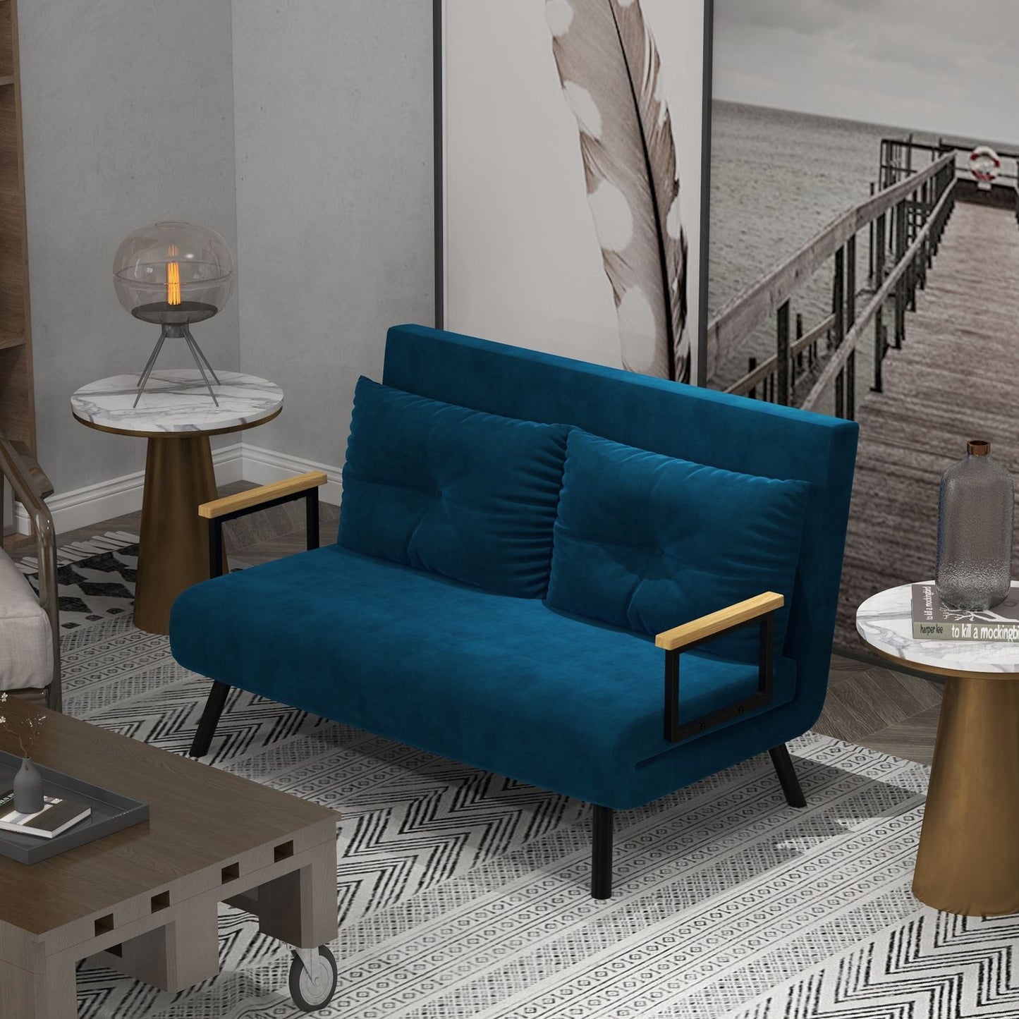 Blue Velvet sofa bed, adjustable backrest, folding design