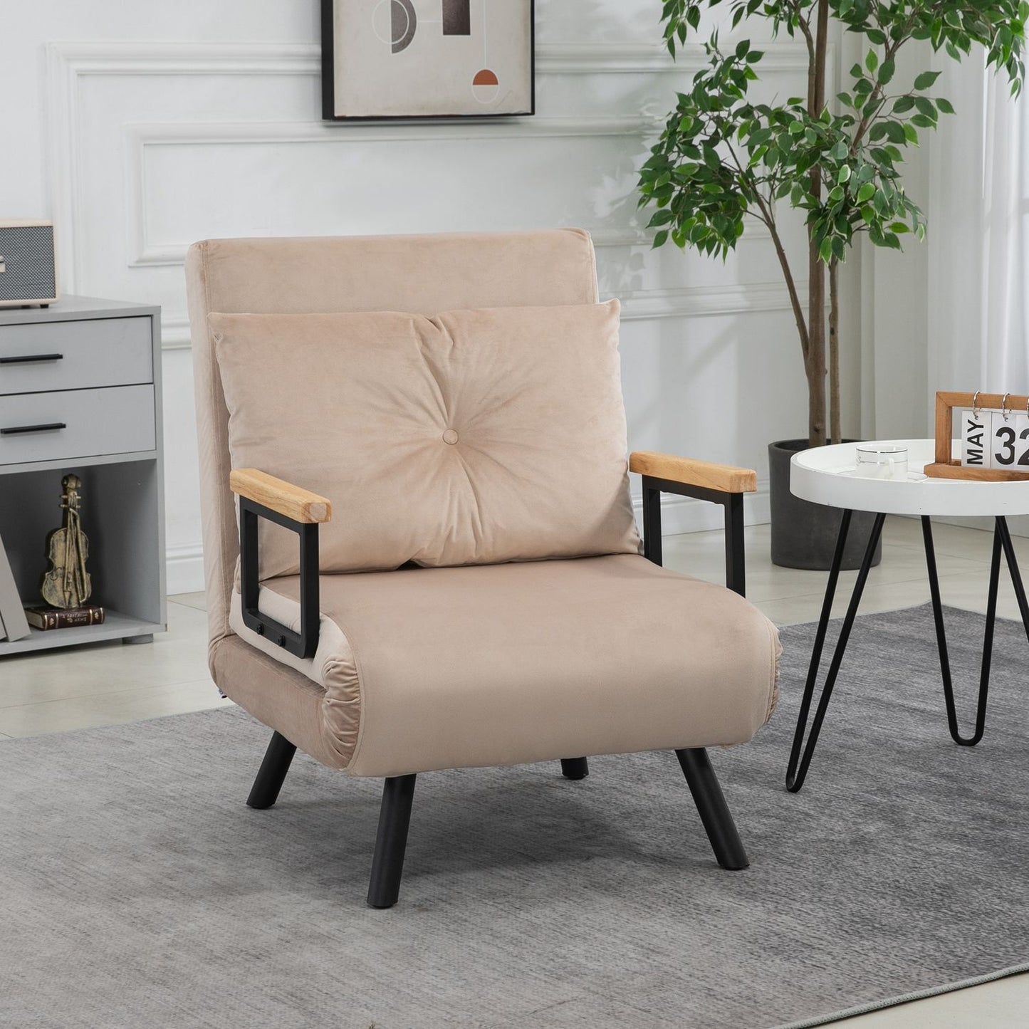 Sofa bed with adjustable backrest, velvet look, beige