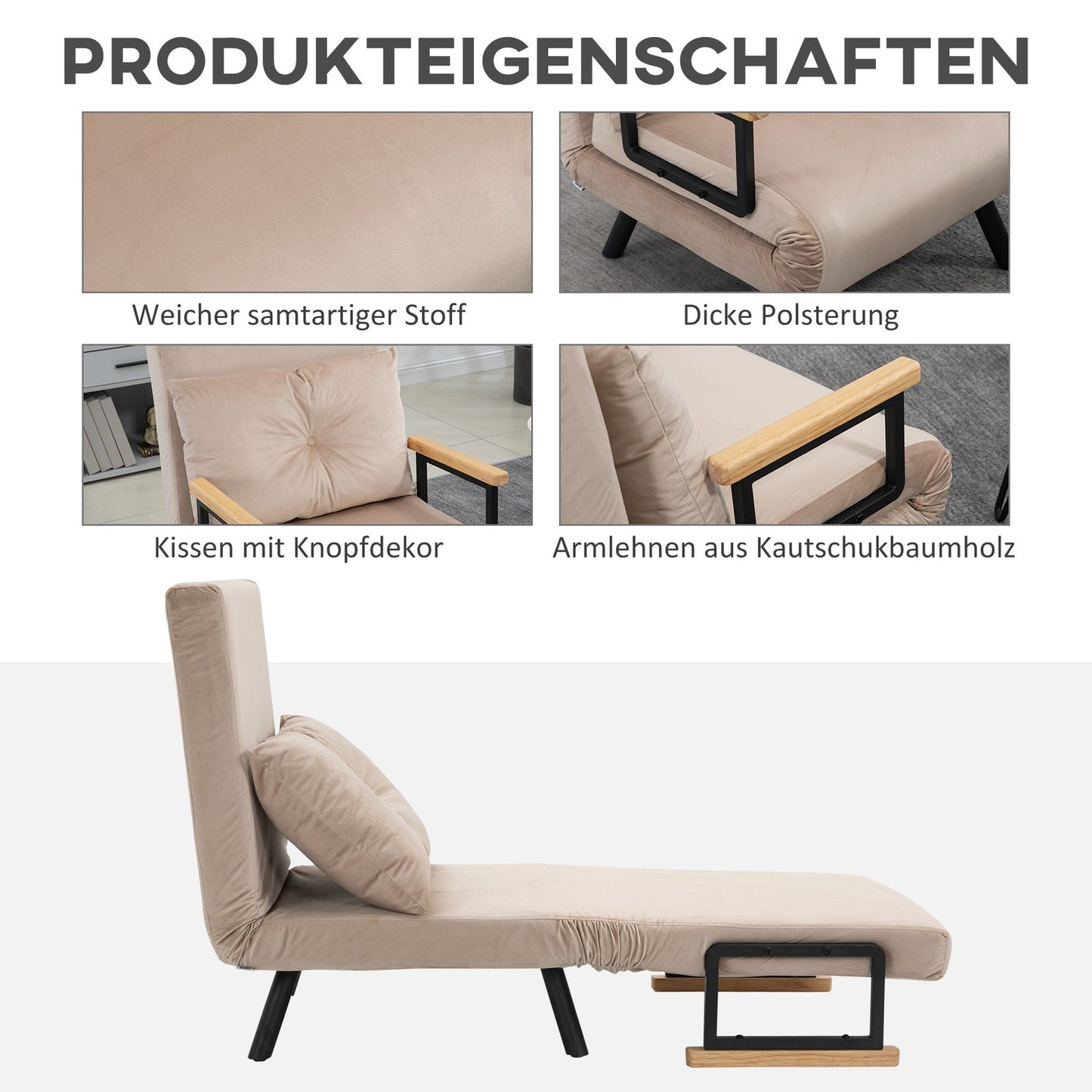 Sofa bed with adjustable backrest, velvet look, beige
