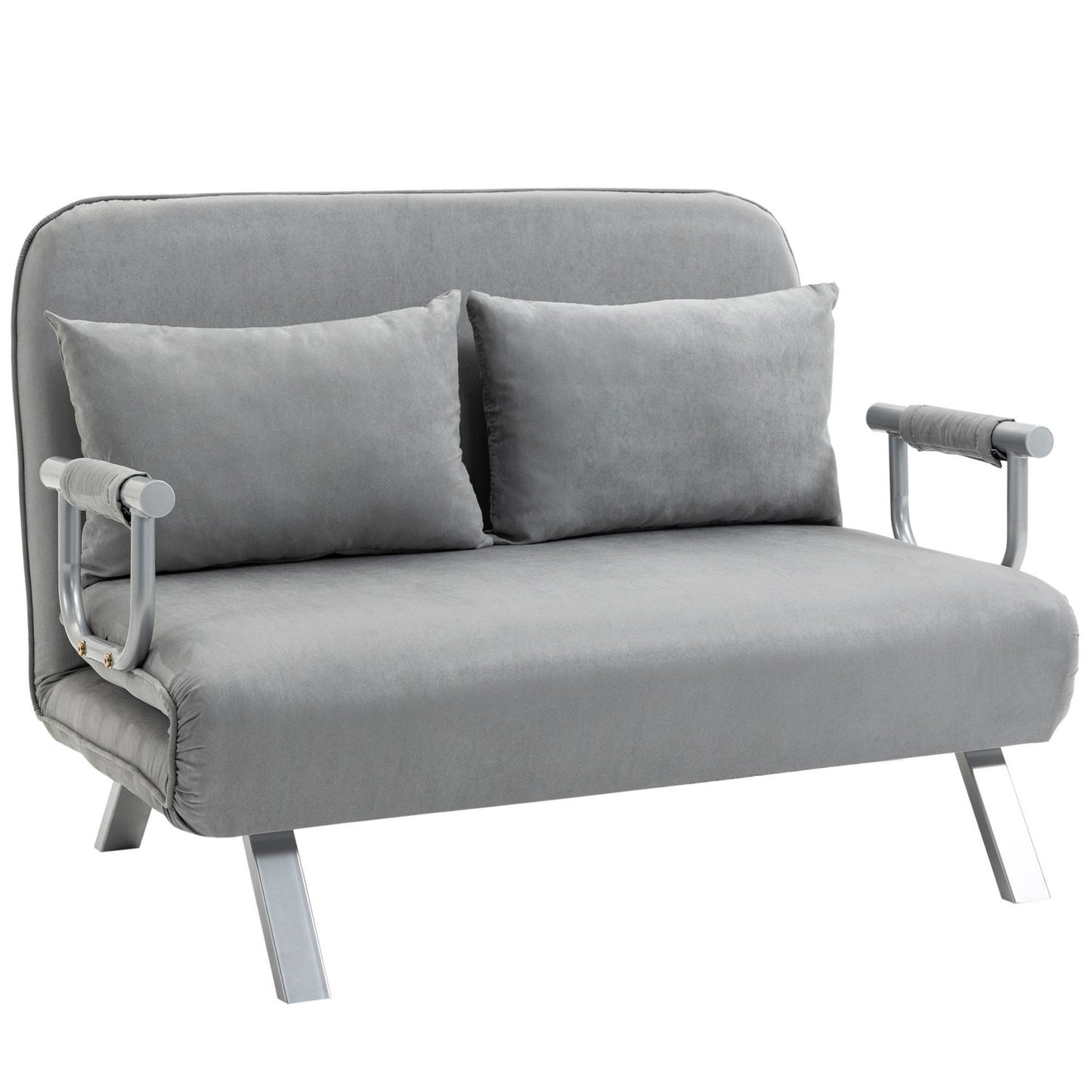 Adjustable light gray two-seater sofa bed with cushions