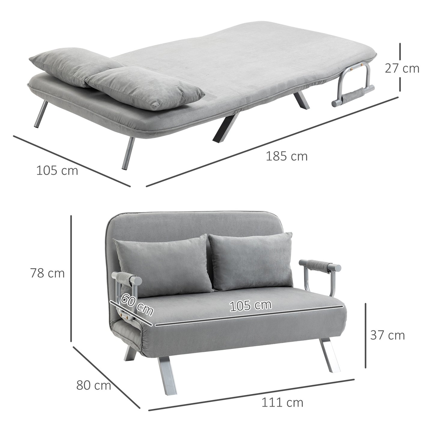 Adjustable light gray two-seater sofa bed with cushions