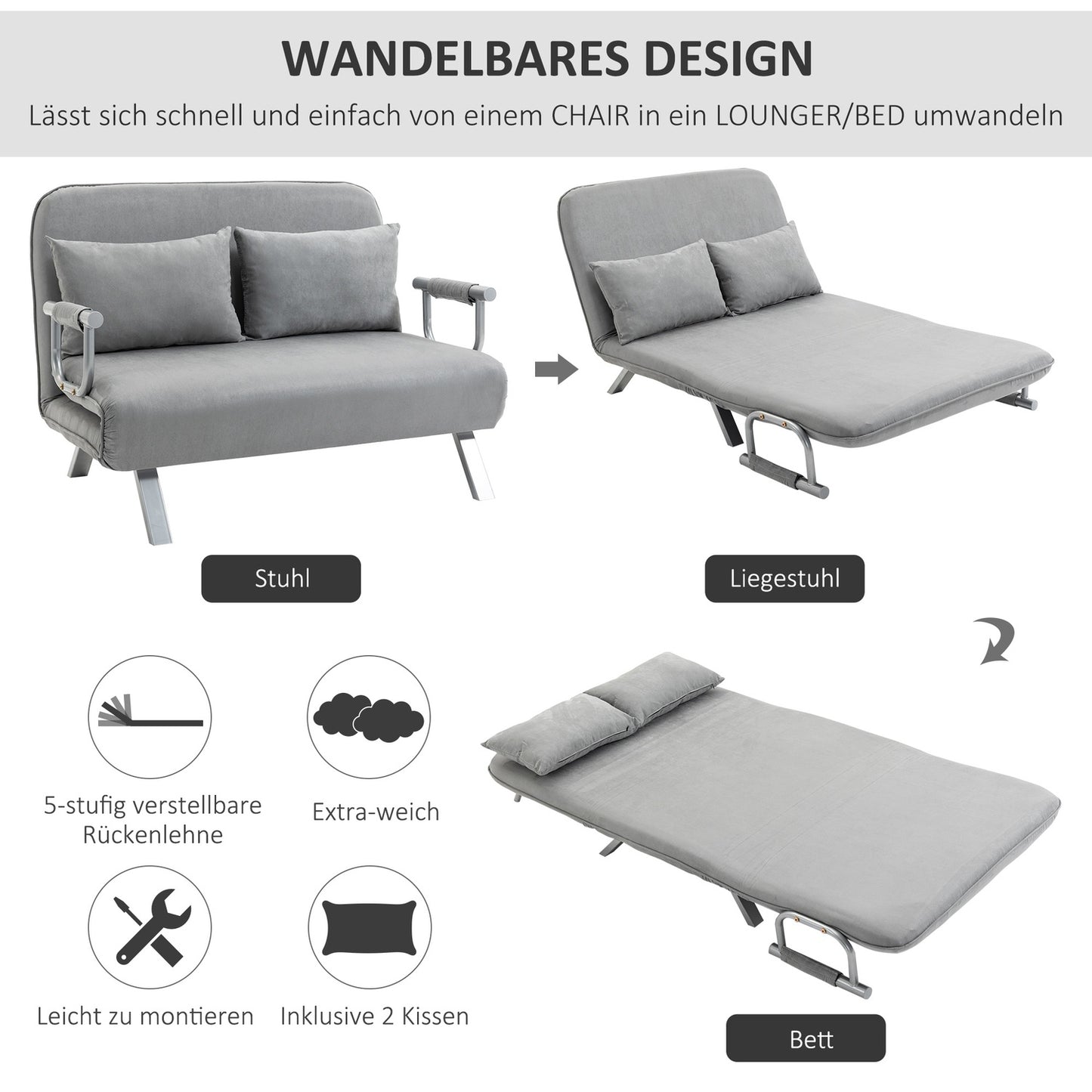 Adjustable light gray two-seater sofa bed with cushions