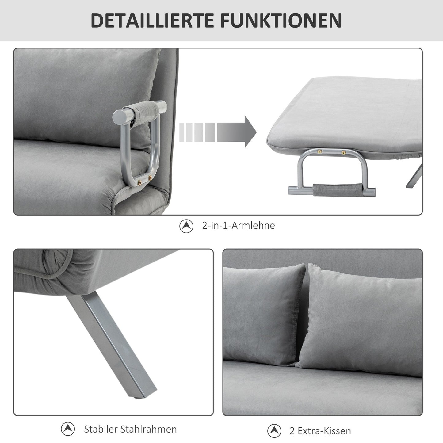Adjustable light gray two-seater sofa bed with cushions