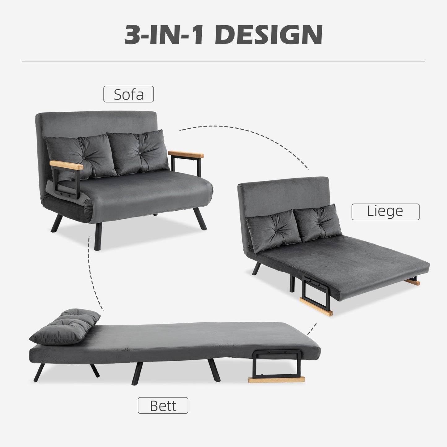 Dark gray velvet sofa bed with storage and cushion