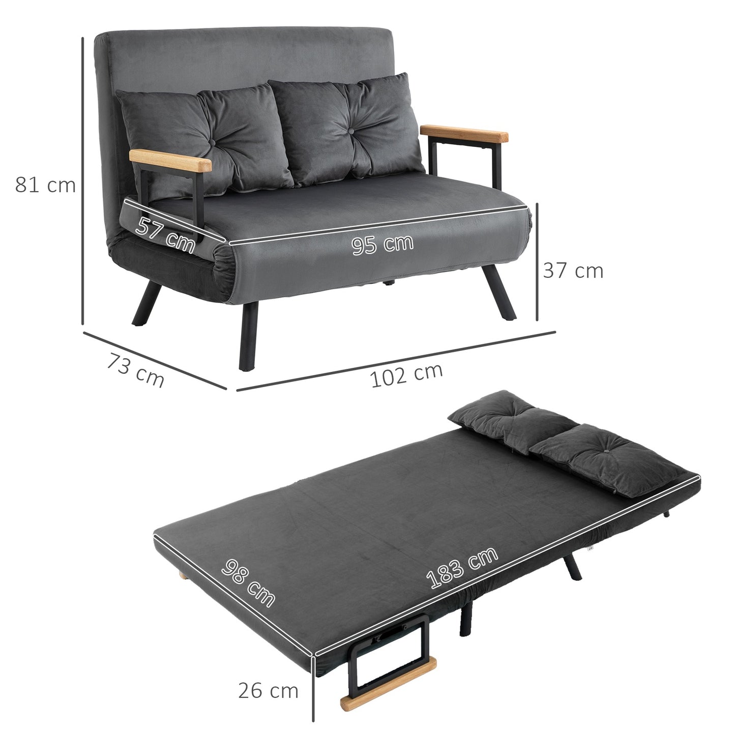 Dark gray velvet sofa bed with storage and cushion