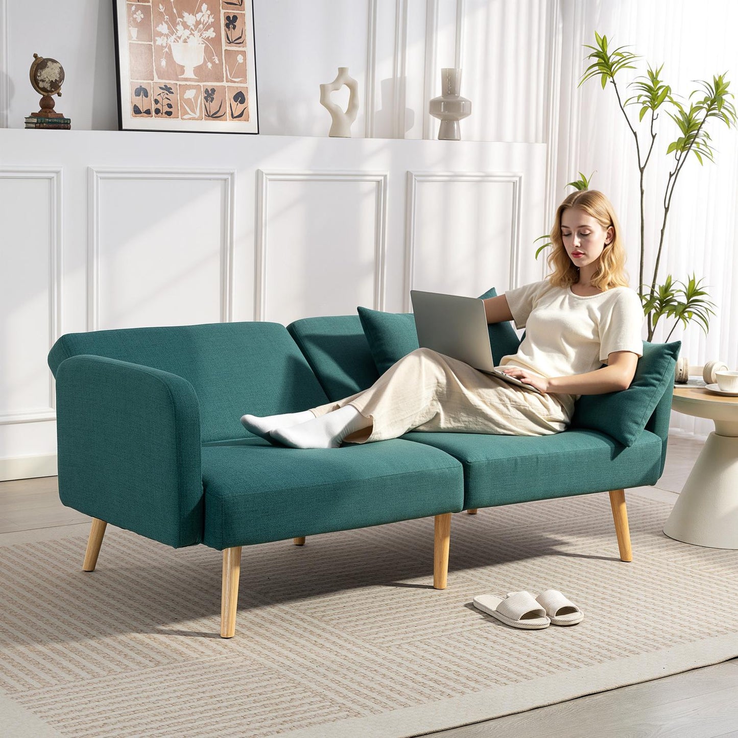 Sofa Bed with Adjustable Backrest, Linen Look, Green