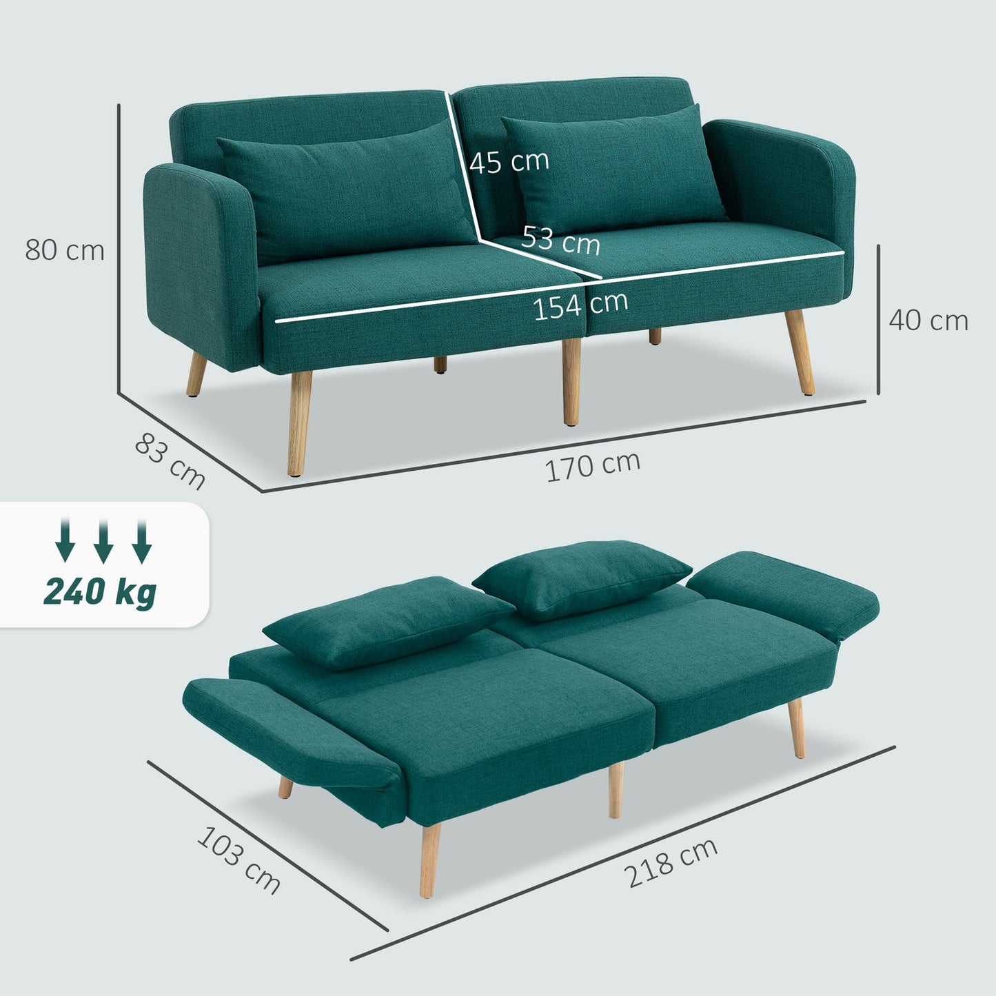 Sofa Bed with Adjustable Backrest, Linen Look, Green