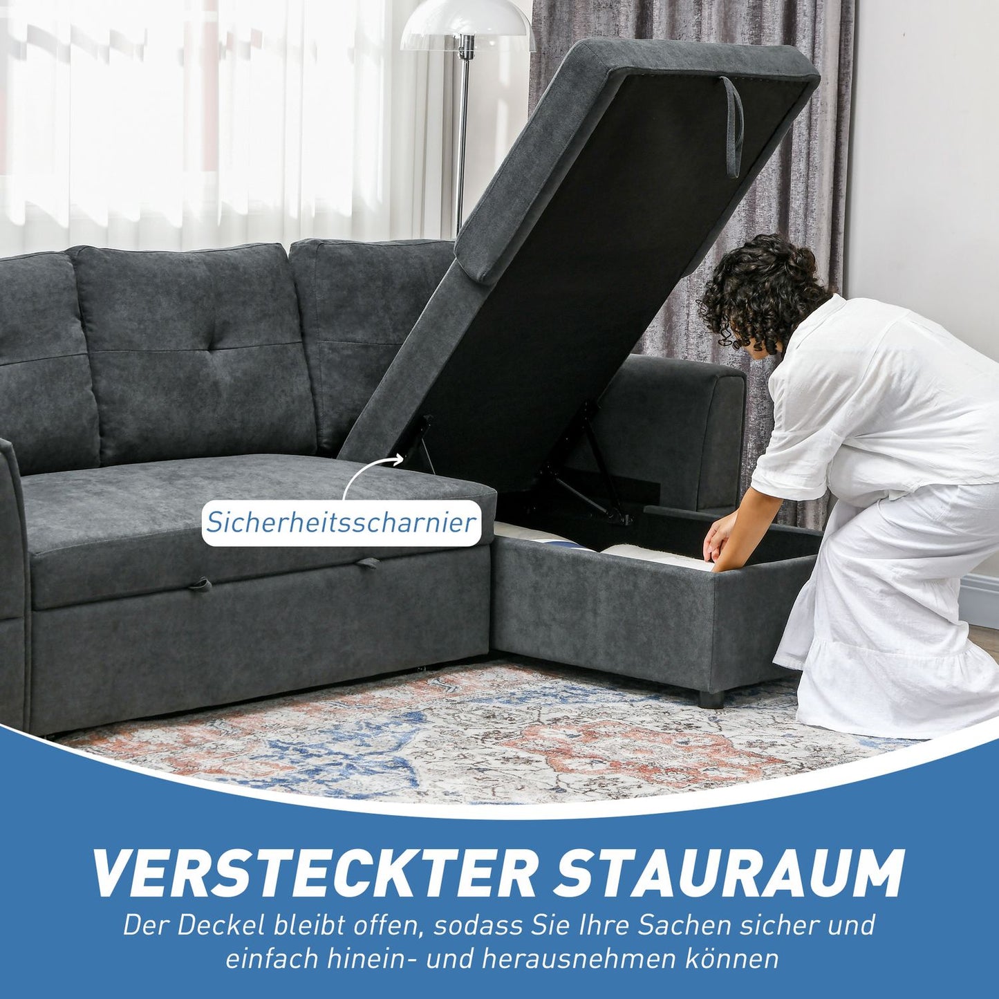 Sofa Bed with Chaise, 3-Seater, Dark Gray