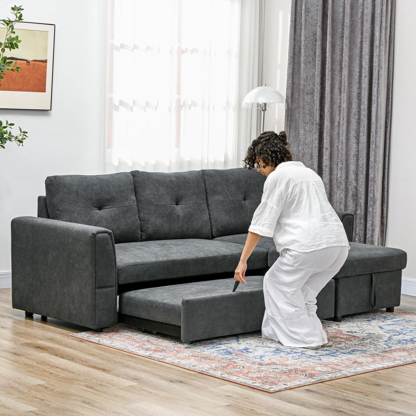 Sofa Bed with Chaise, 3-Seater, Dark Gray
