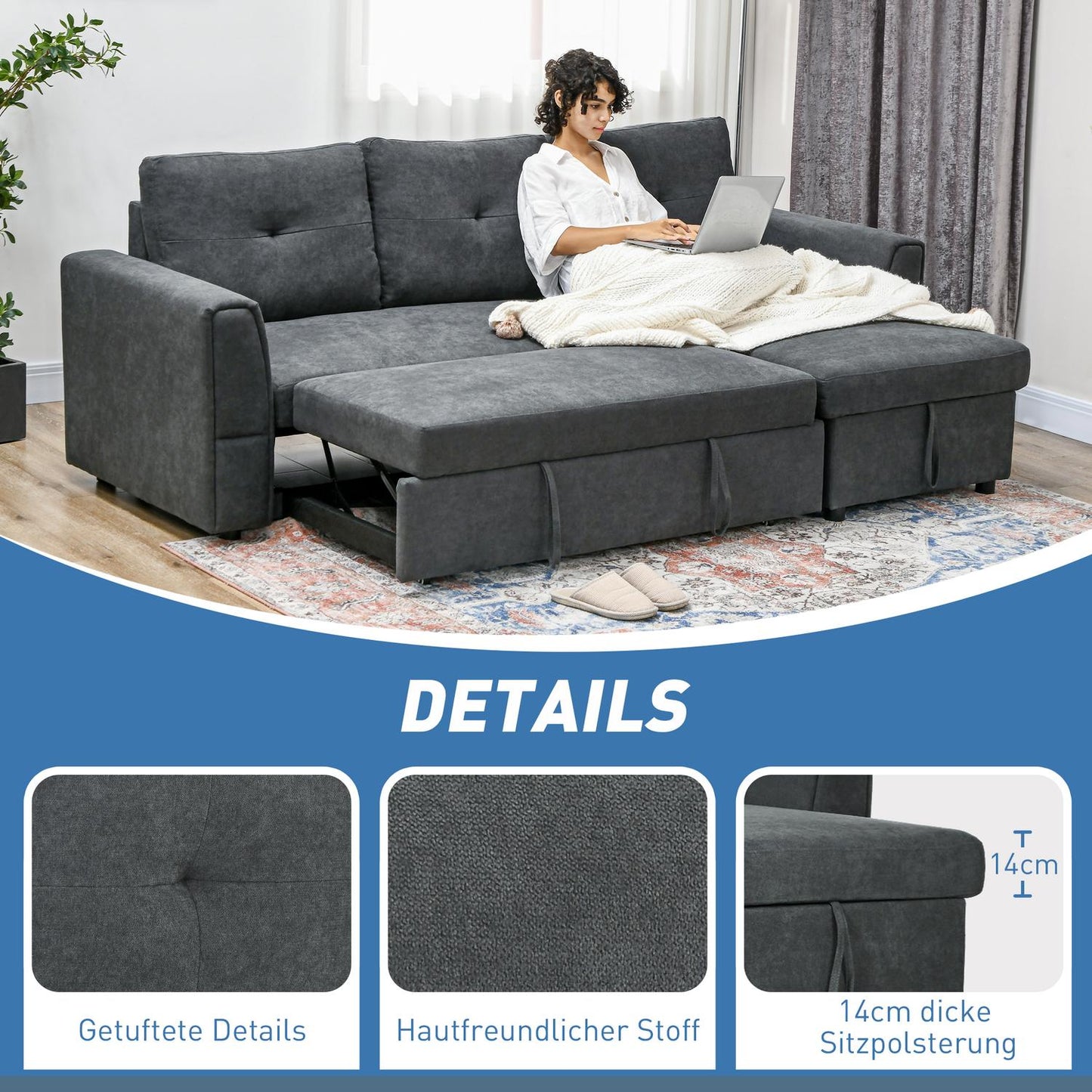 Sofa Bed with Chaise, 3-Seater, Dark Gray