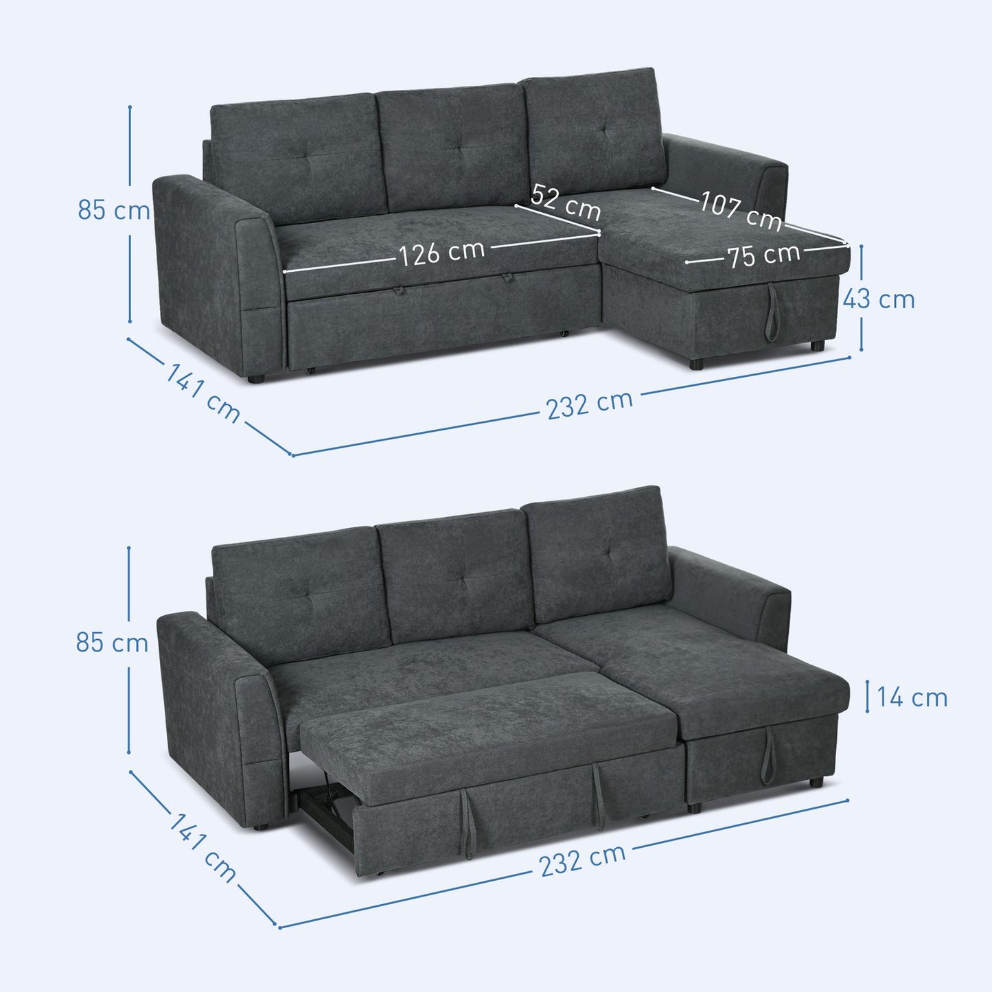 Sofa Bed with Chaise, 3-Seater, Dark Gray