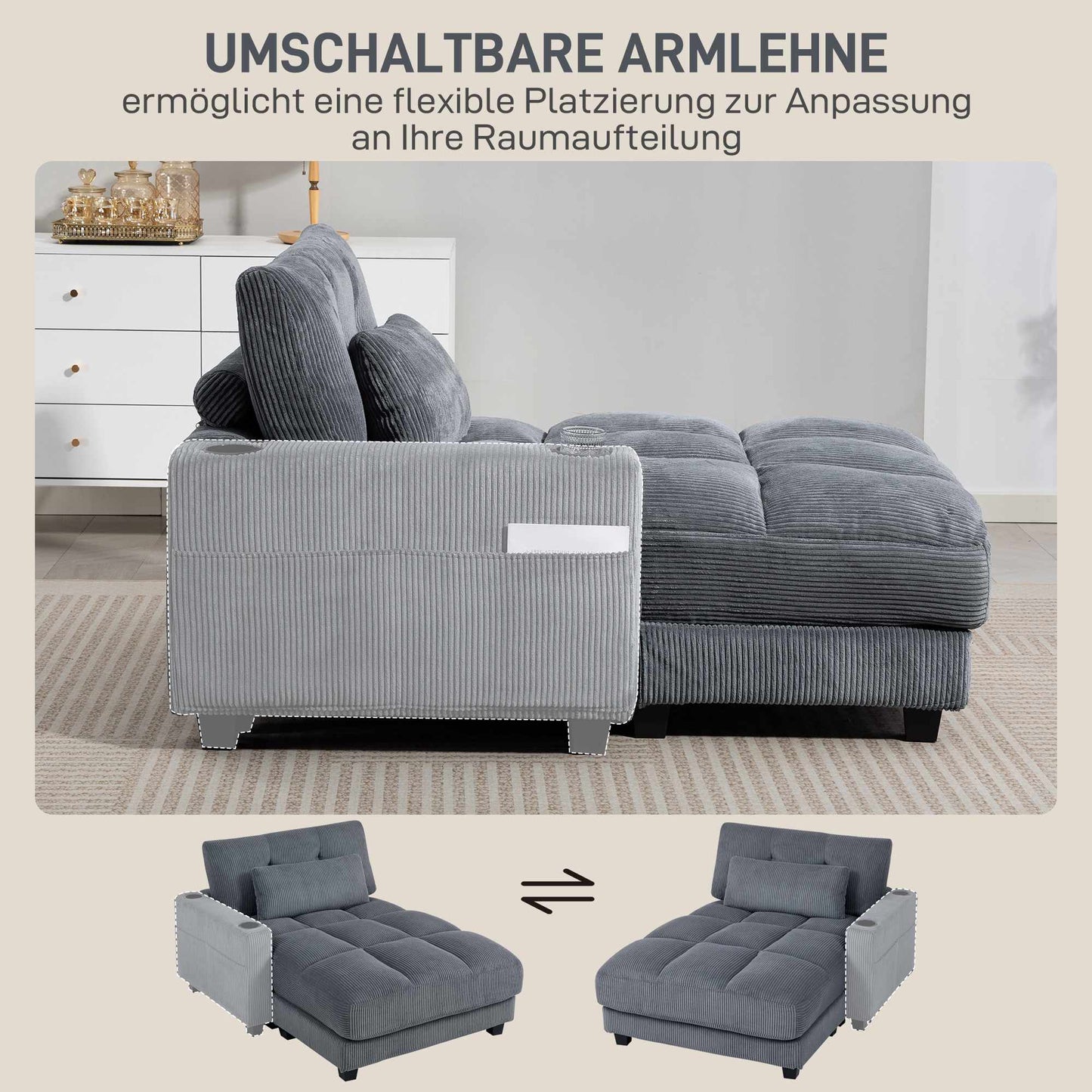 Sofa Bed with Cup Holders, Deep Seat, Dark Grey Cord