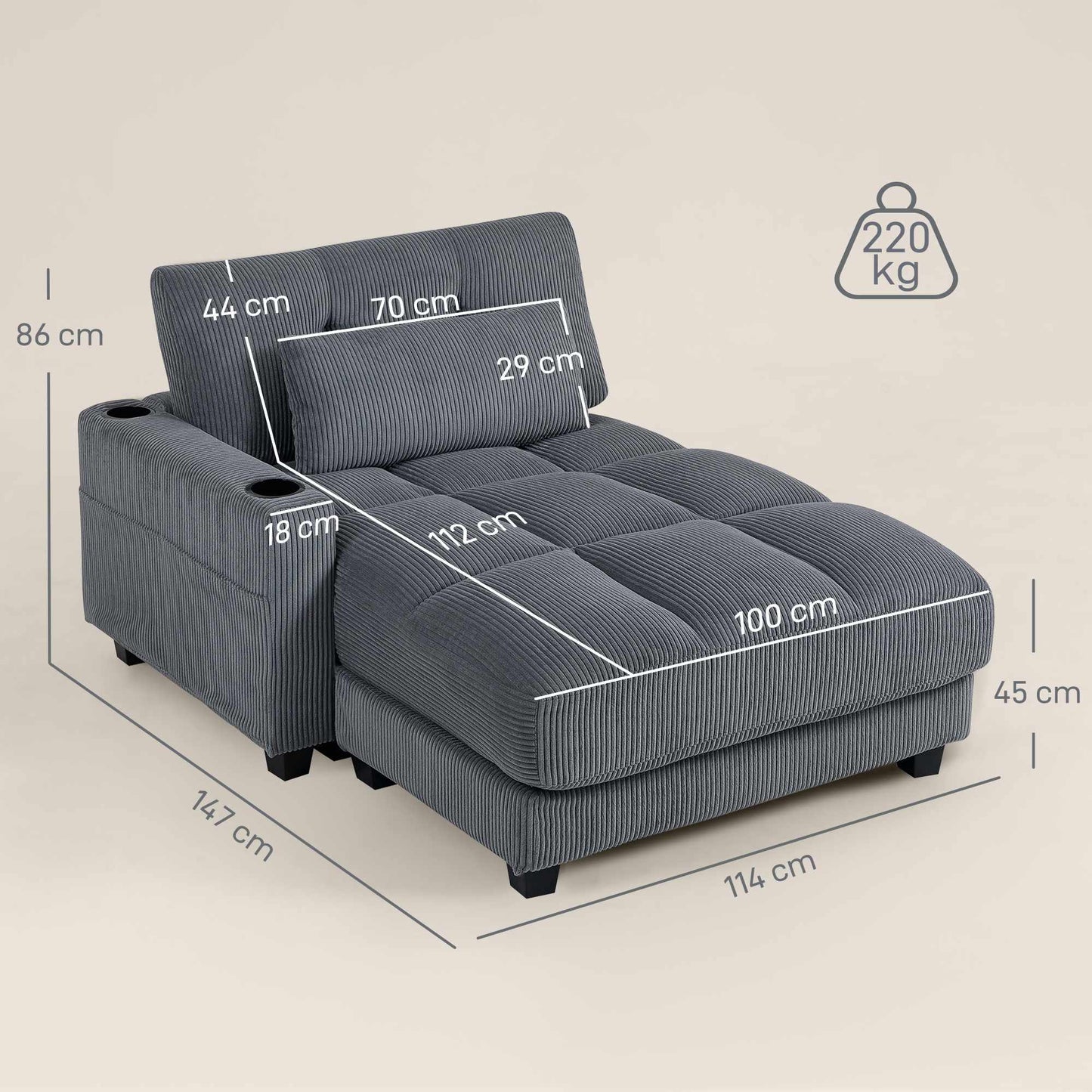 Sofa Bed with Cup Holders, Deep Seat, Dark Grey Cord