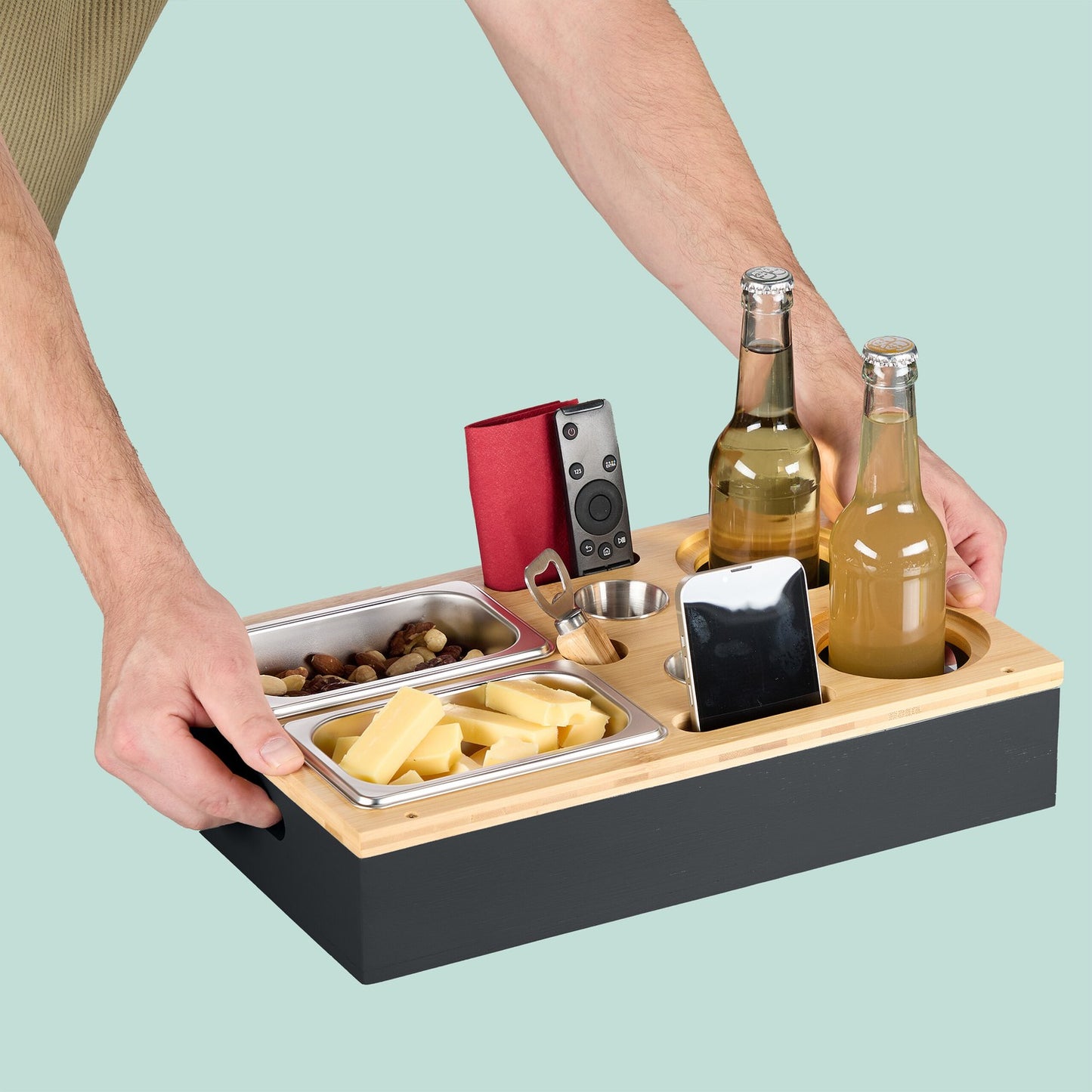 Sofa Snack Tray with Bamboo Bowls & Drink Holders