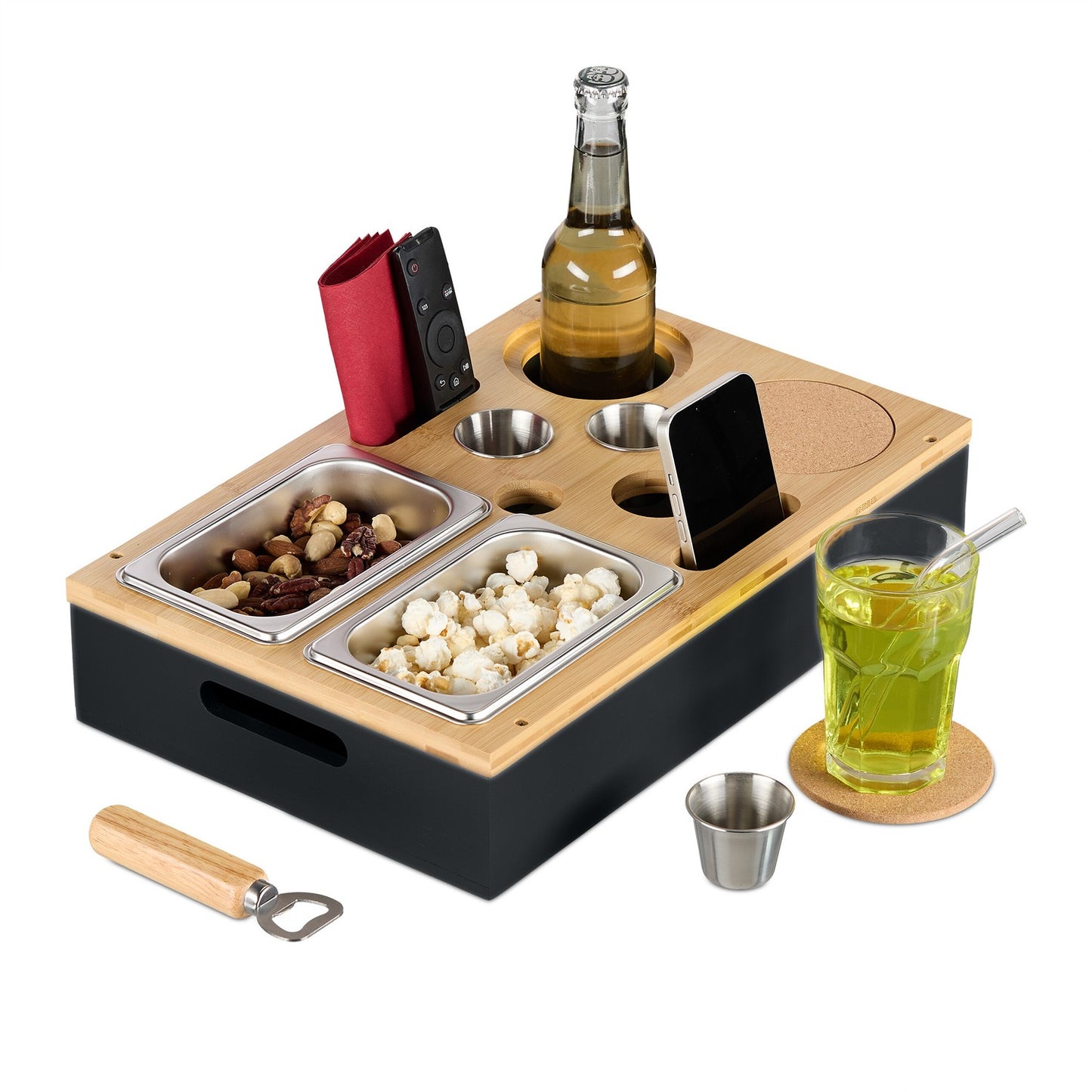 Sofa Snack Tray with Bamboo Bowls & Drink Holders