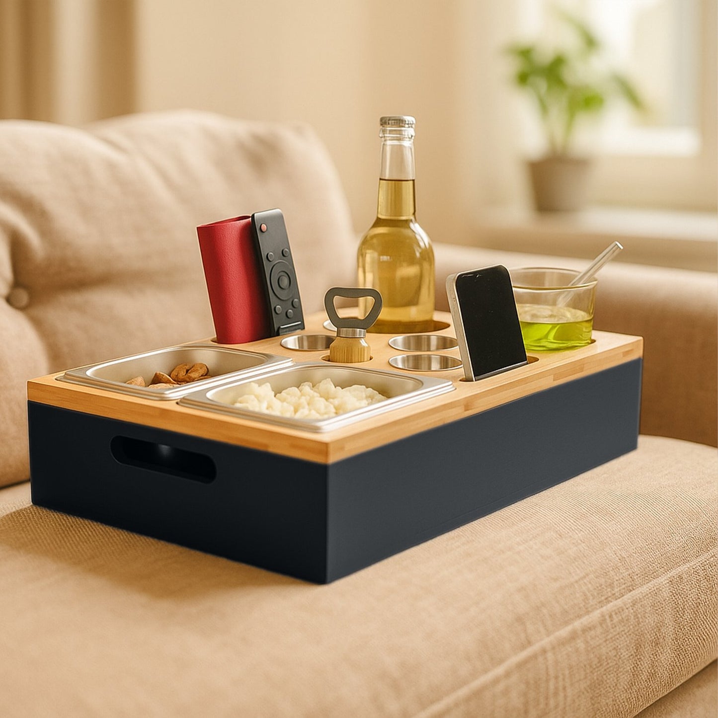 Sofa Snack Tray with Bamboo Bowls & Drink Holders