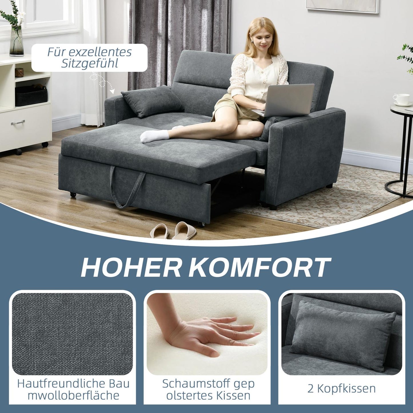 Sofa bed, velvet look, adjustable backrest, 2-seater