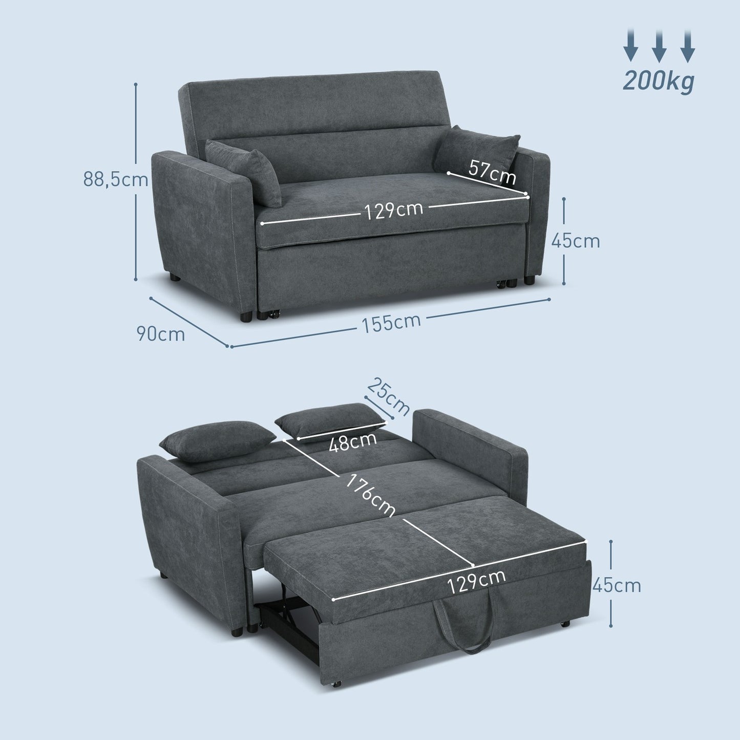 Sofa bed, velvet look, adjustable backrest, 2-seater