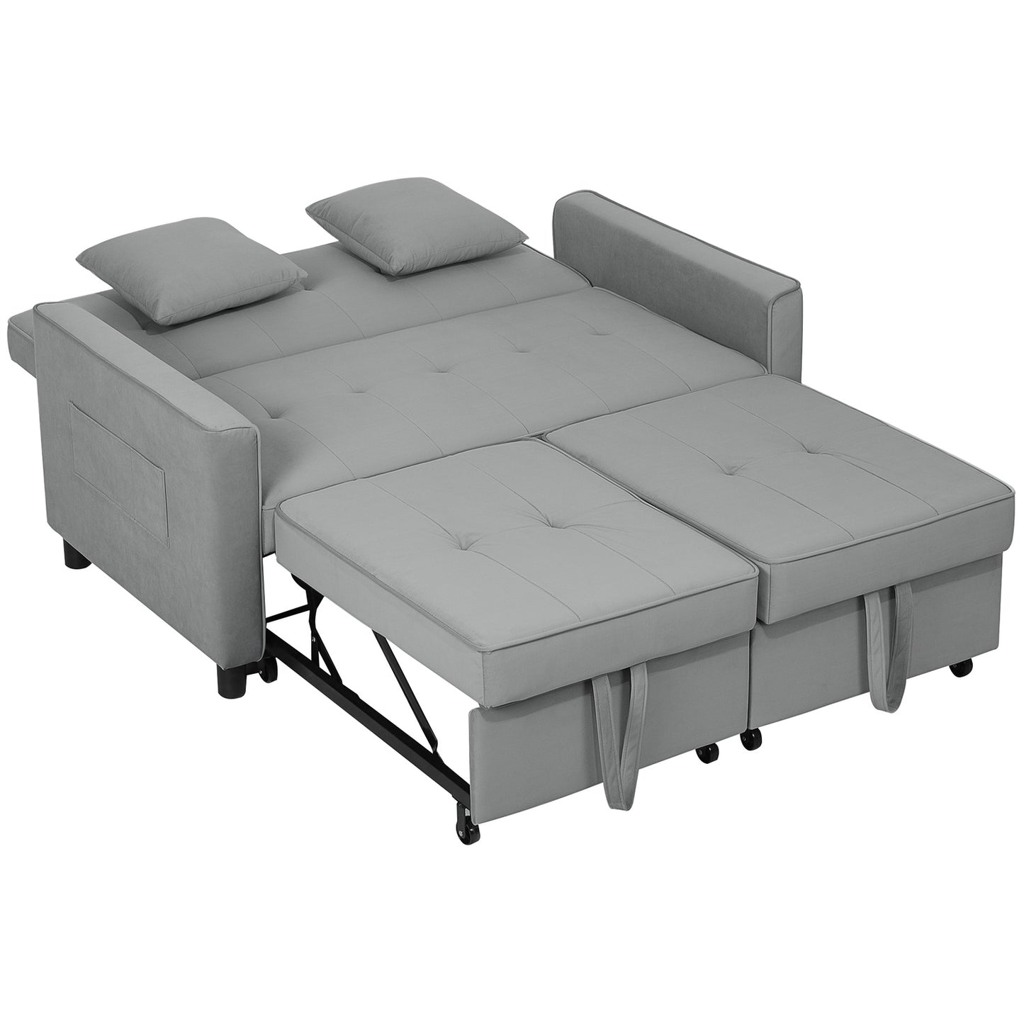 Gray velvet look L-shaped sofa bed with storage, cushions