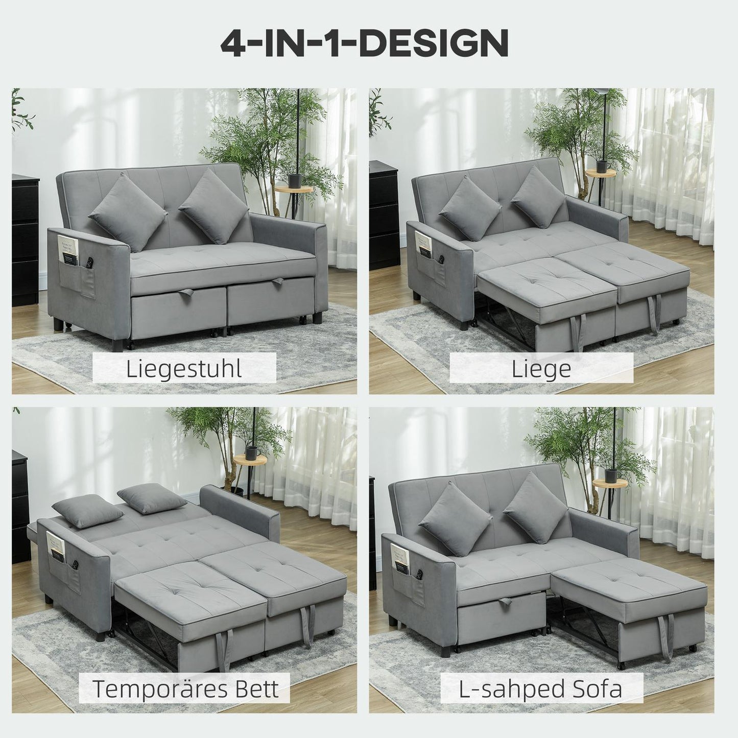 Gray velvet look L-shaped sofa bed with storage, cushions