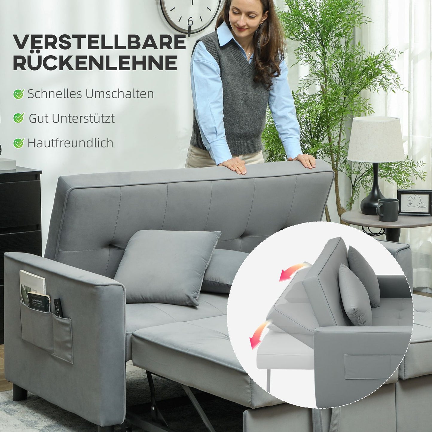 Gray velvet look L-shaped sofa bed with storage, cushions