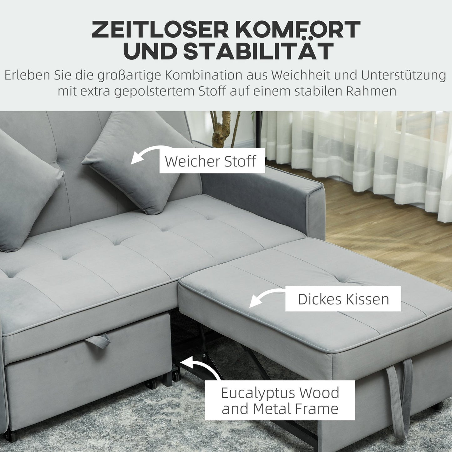 Gray velvet look L-shaped sofa bed with storage, cushions