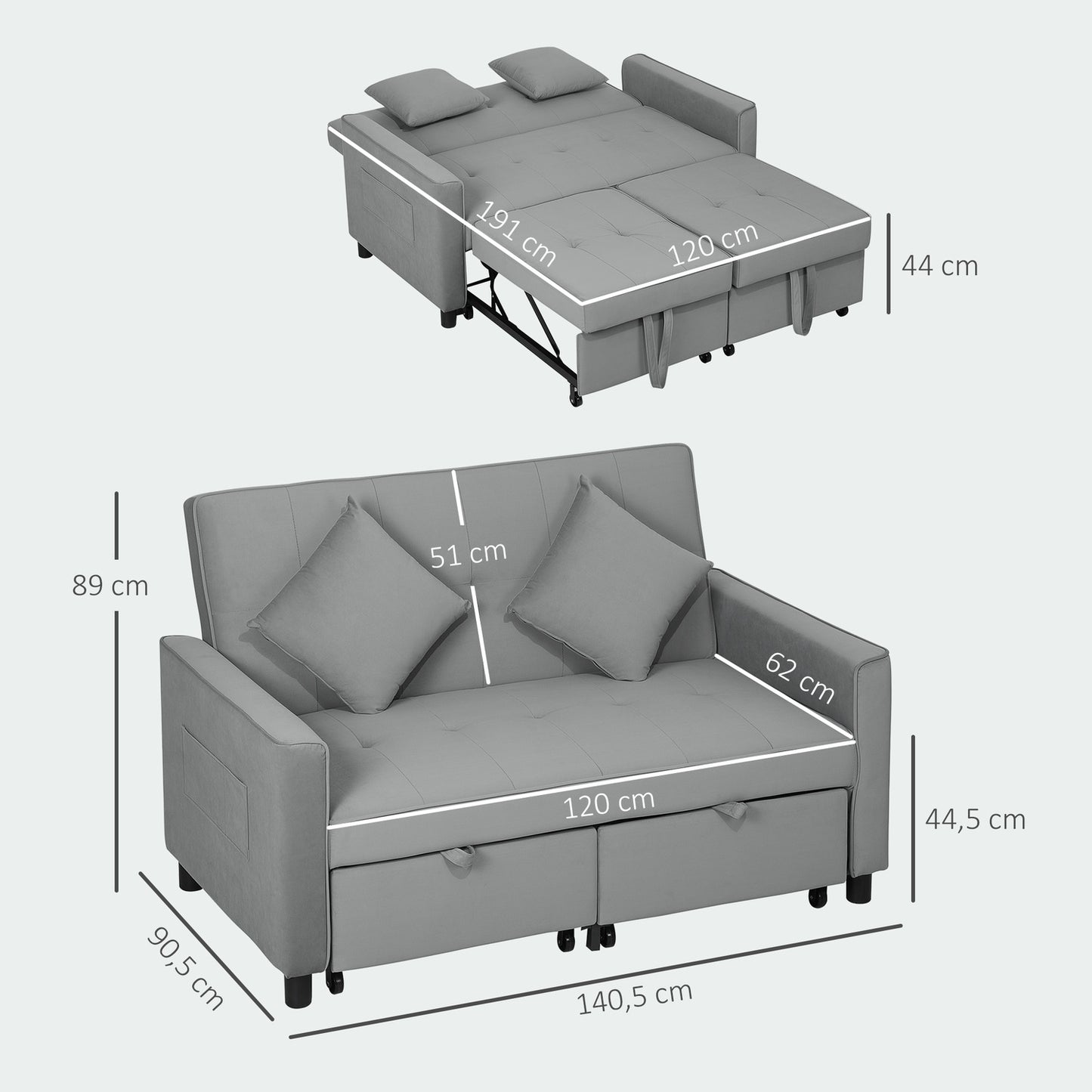 Gray velvet look L-shaped sofa bed with storage, cushions
