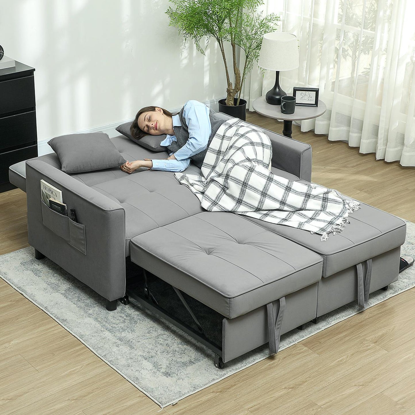 Gray velvet look L-shaped sofa bed with storage, cushions