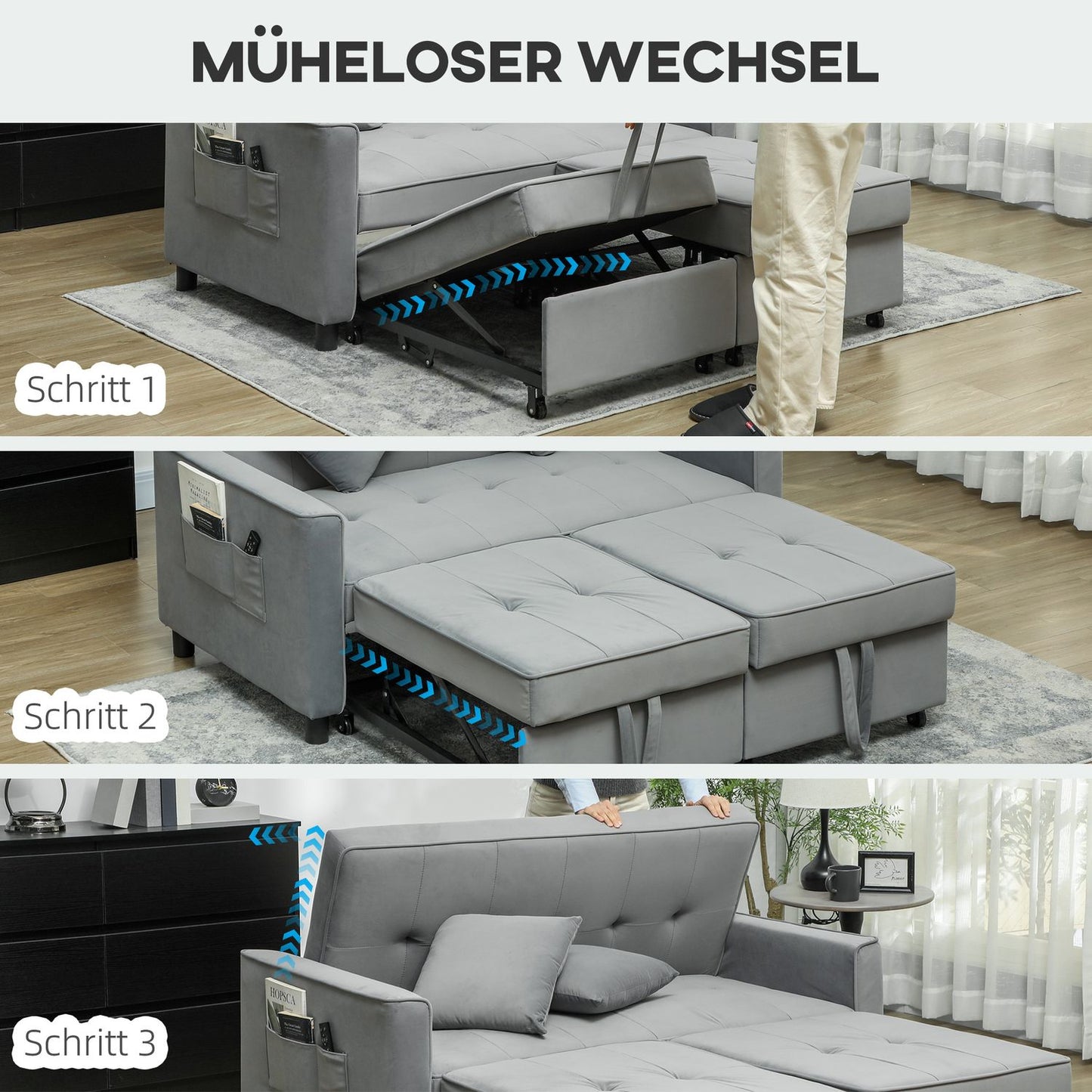 Gray velvet look L-shaped sofa bed with storage, cushions