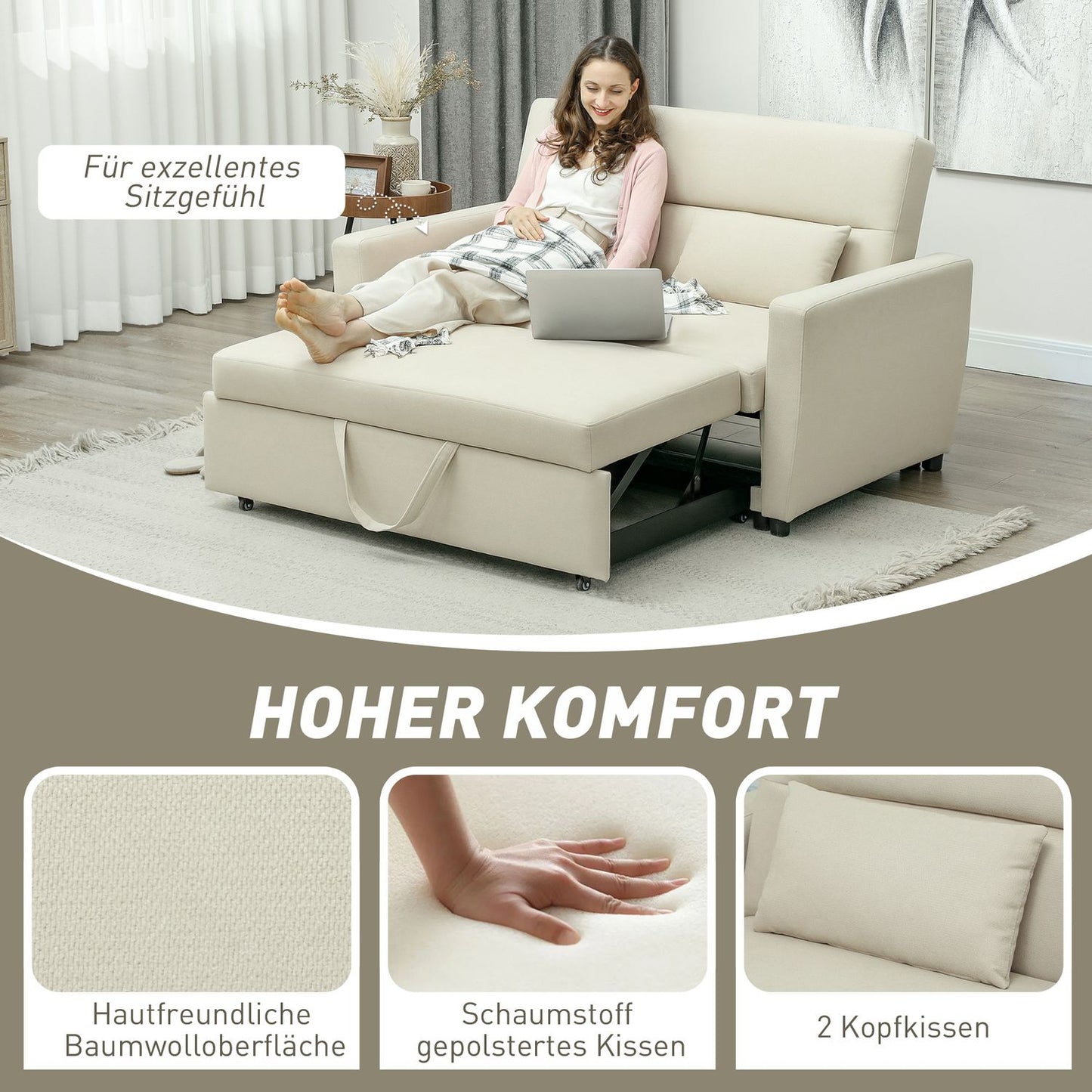 Sofa bed in velvet look, 2-seater, adjustable, beige