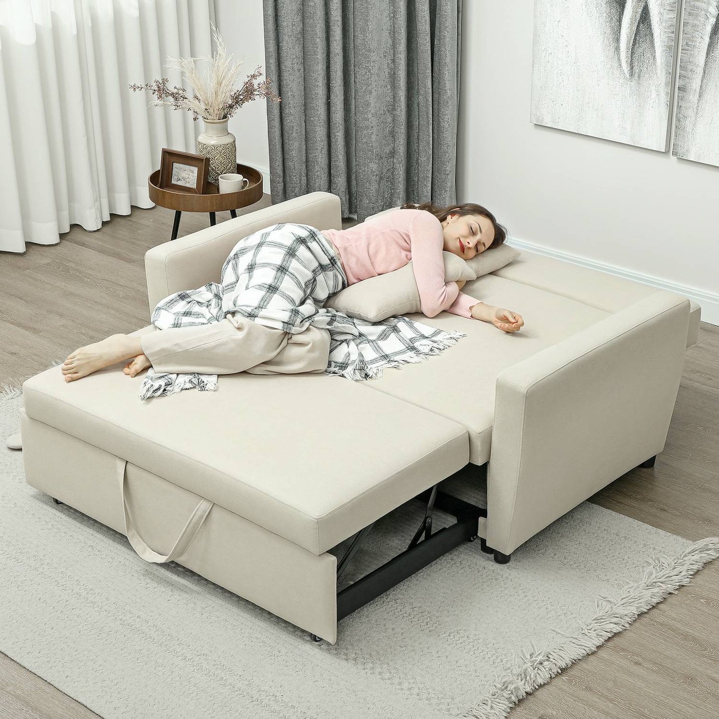 Sofa bed in velvet look, 2-seater, adjustable, beige