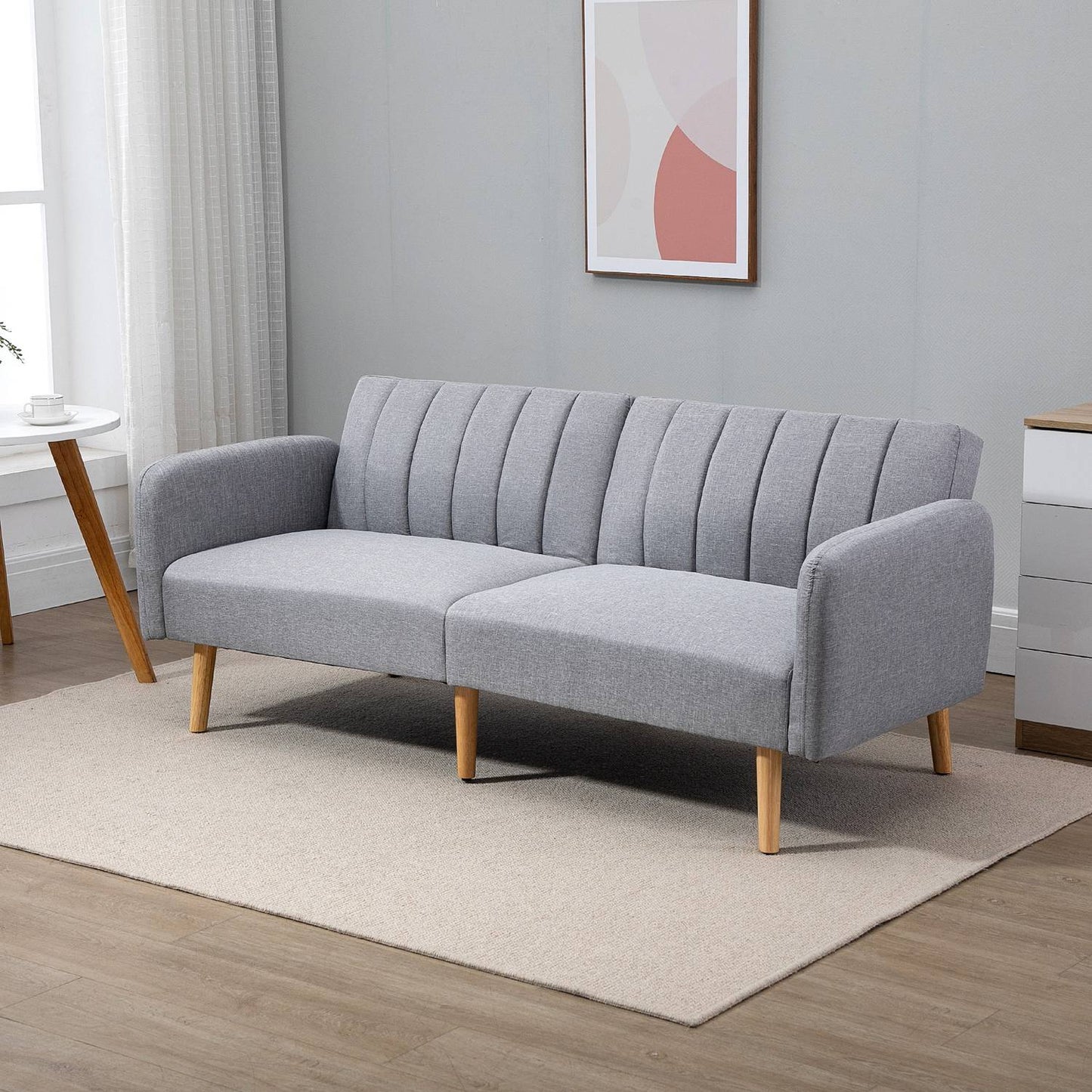 Gray 2-seater sofa bed, adjustable backrest, wooden legs
