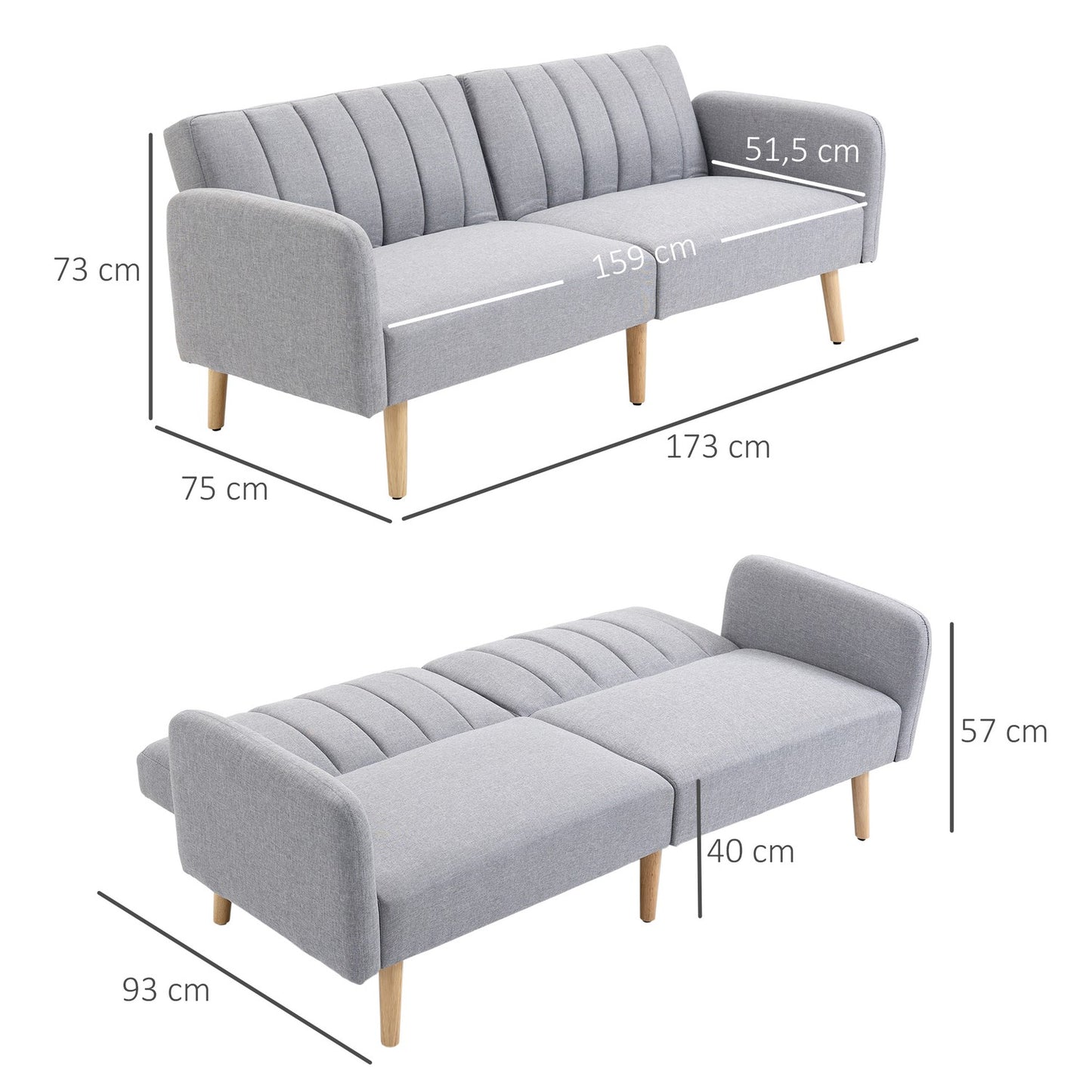 Gray 2-seater sofa bed, adjustable backrest, wooden legs