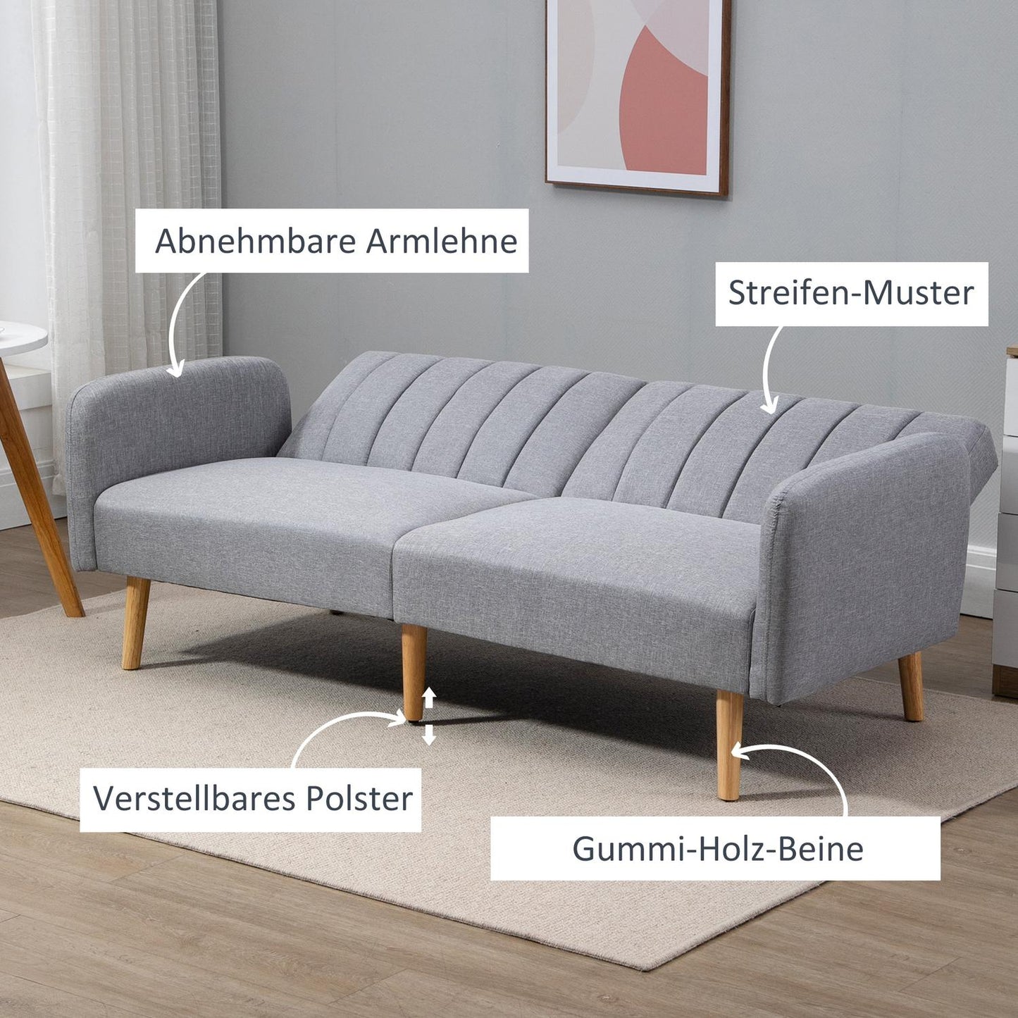 Gray 2-seater sofa bed, adjustable backrest, wooden legs