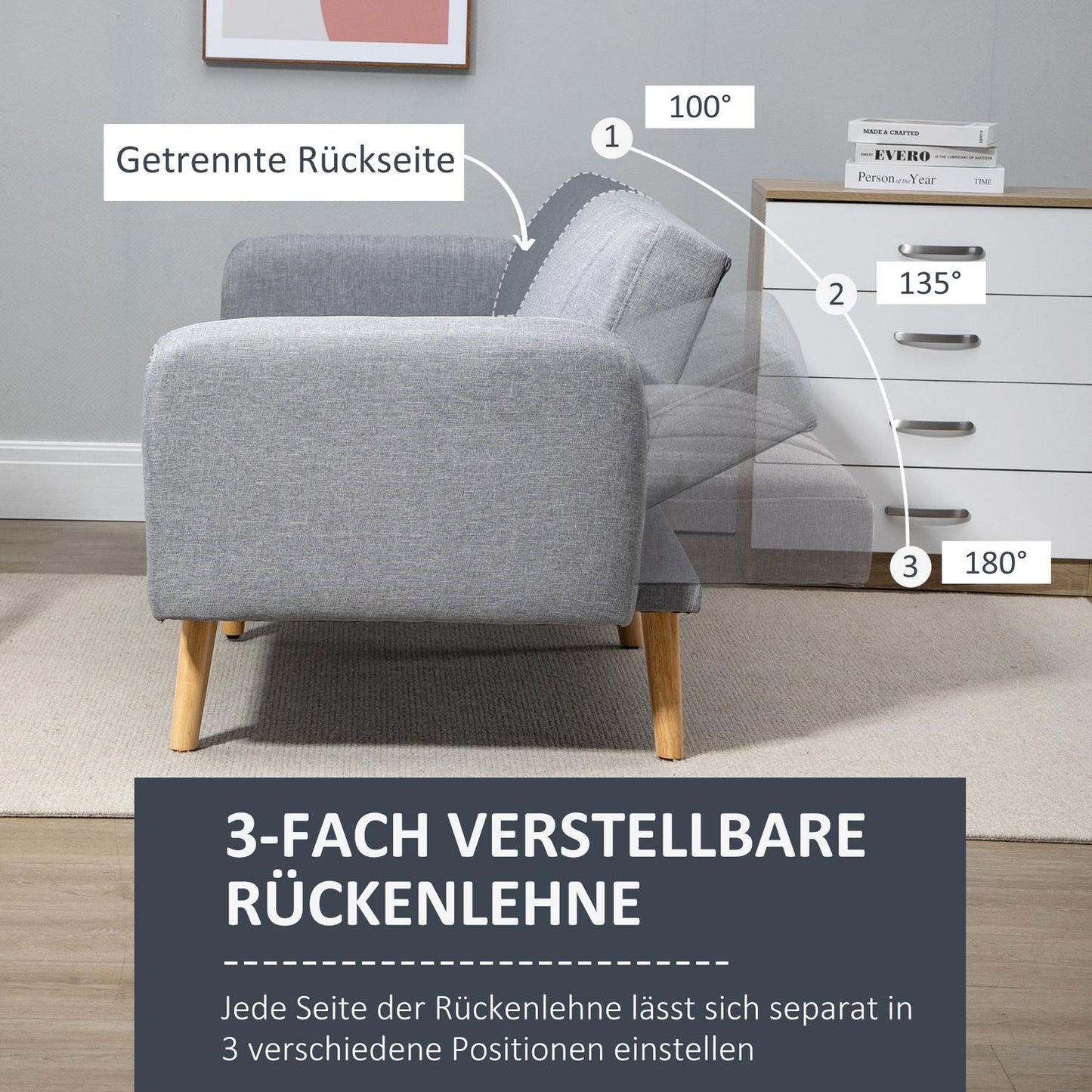 Gray 2-seater sofa bed, adjustable backrest, wooden legs