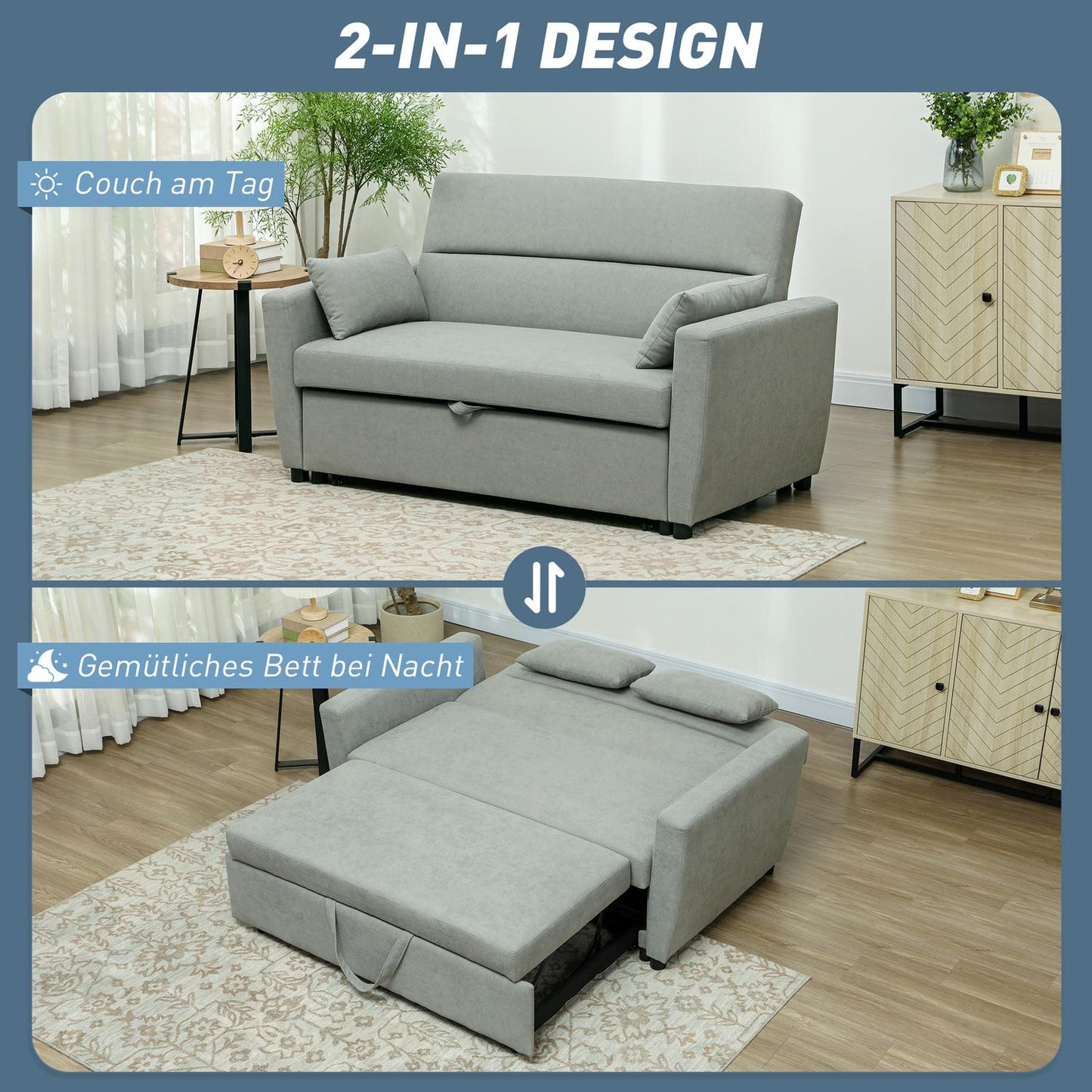 Sofa bed in velvet look, 2-seater, adjustable, light grey