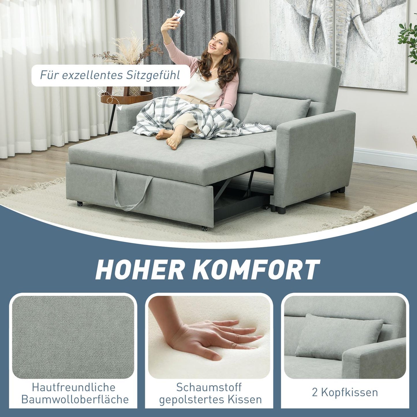 Sofa bed in velvet look, 2-seater, adjustable, light grey