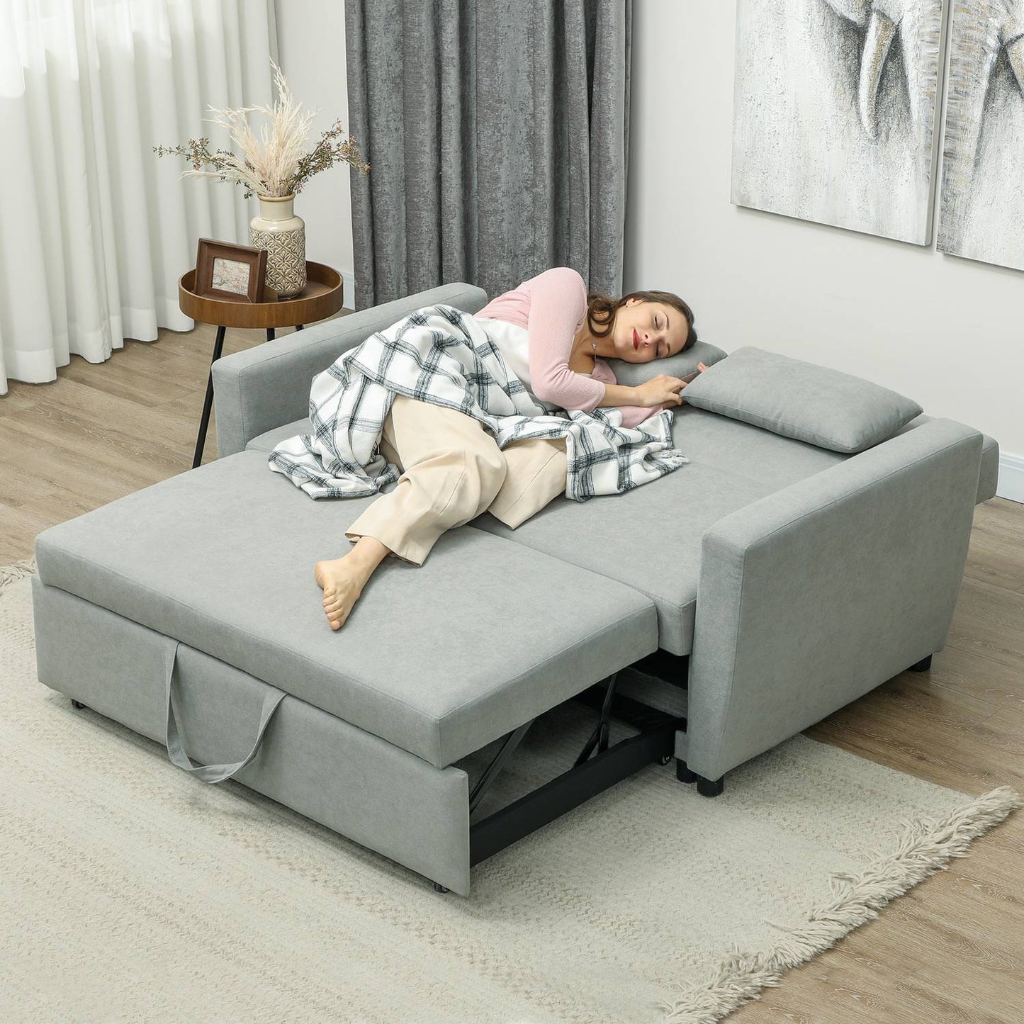 Sofa bed in velvet look, 2-seater, adjustable, light grey