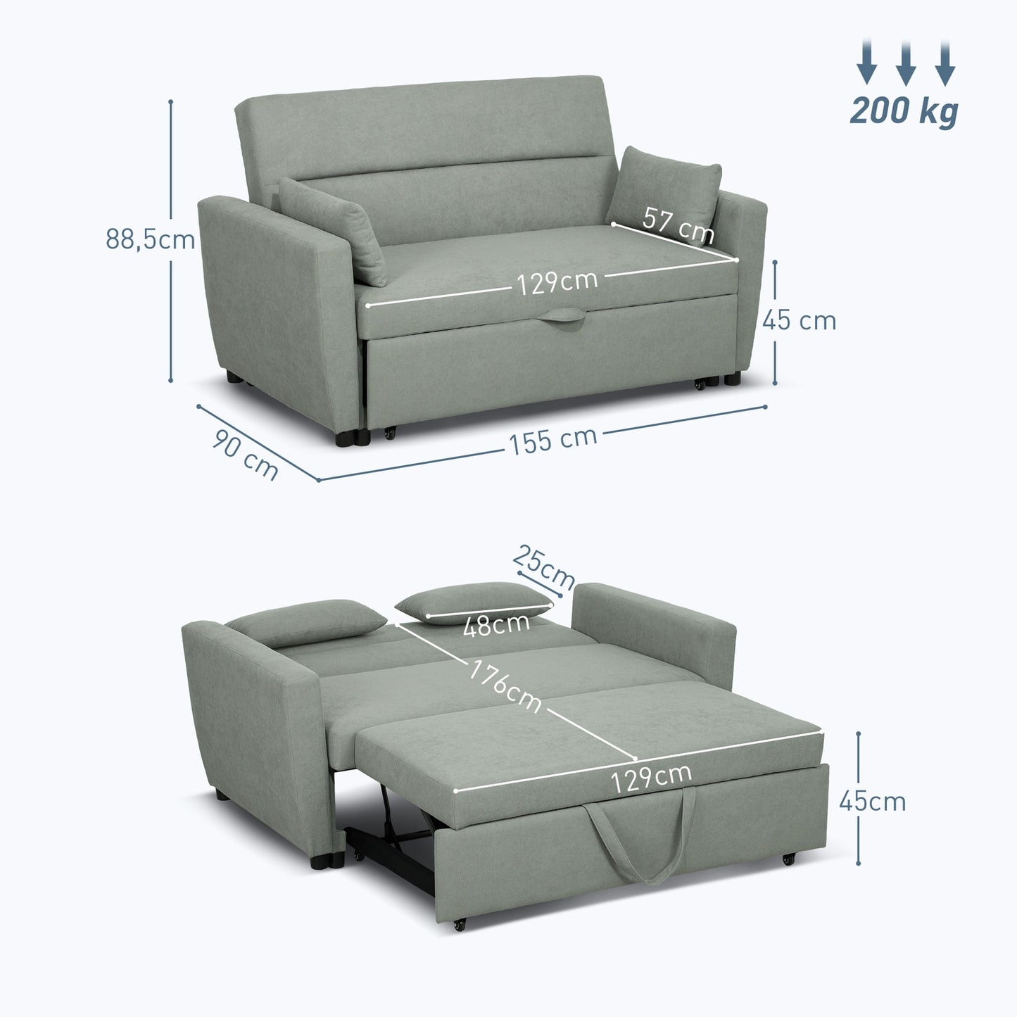 Sofa bed in velvet look, 2-seater, adjustable, light grey