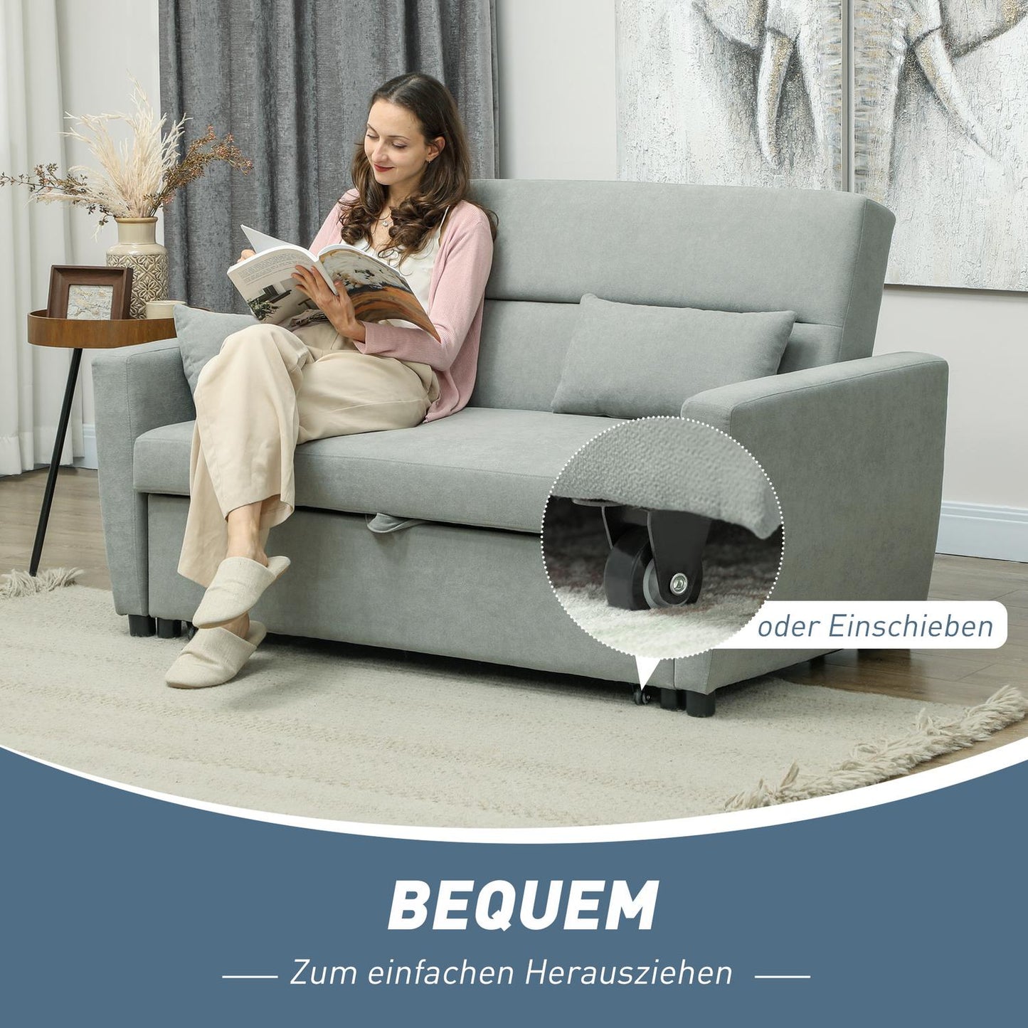 Sofa bed in velvet look, 2-seater, adjustable, light grey