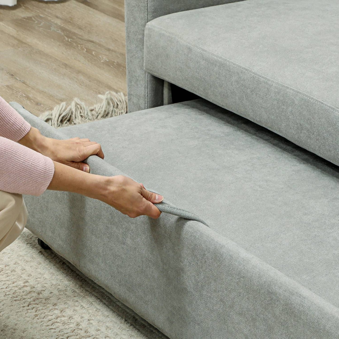 Sofa bed in velvet look, 2-seater, adjustable, light grey