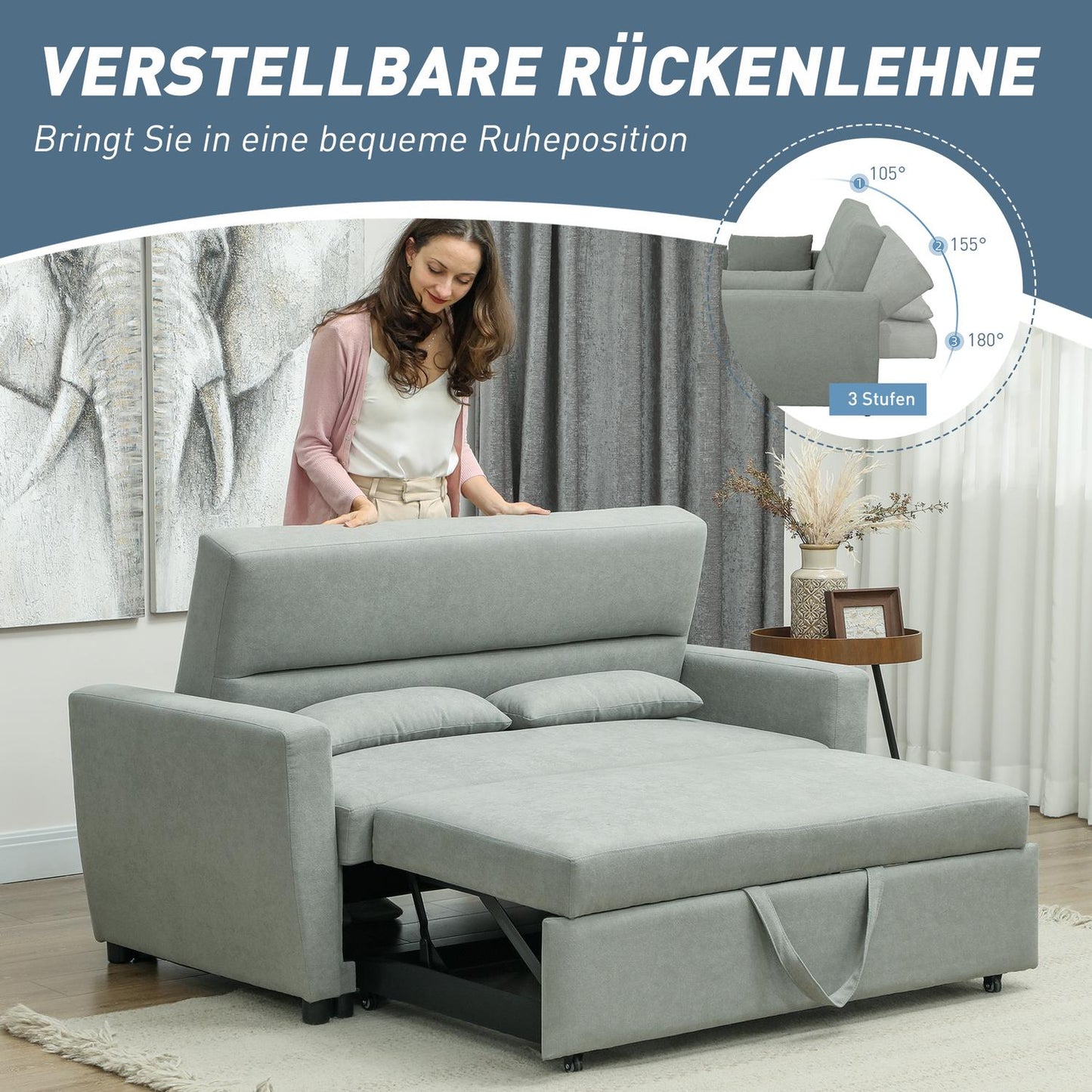 Sofa bed in velvet look, 2-seater, adjustable, light grey