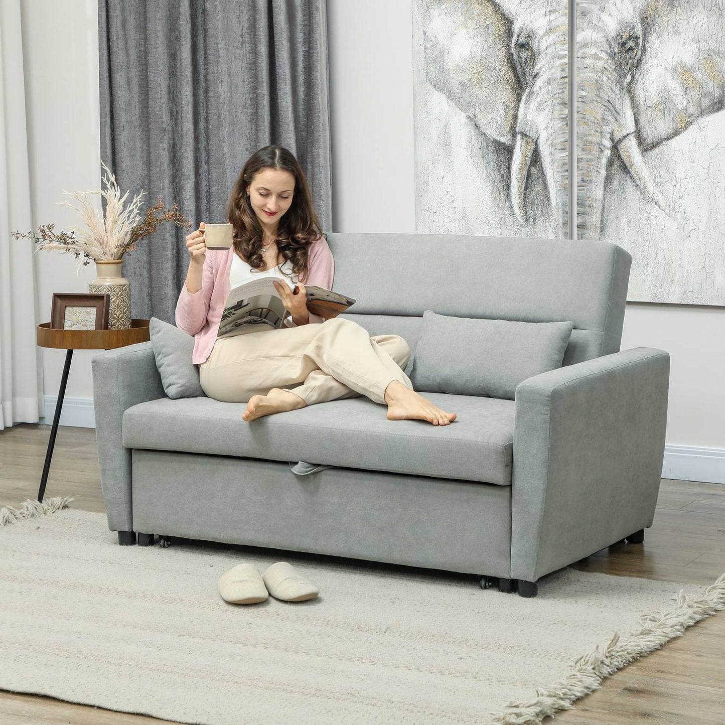 Sofa bed in velvet look, 2-seater, adjustable, light grey