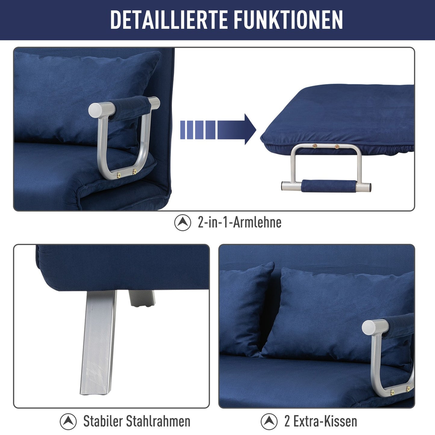 2-seater sofa bed in velvet look, blue upholstery, adjustable back