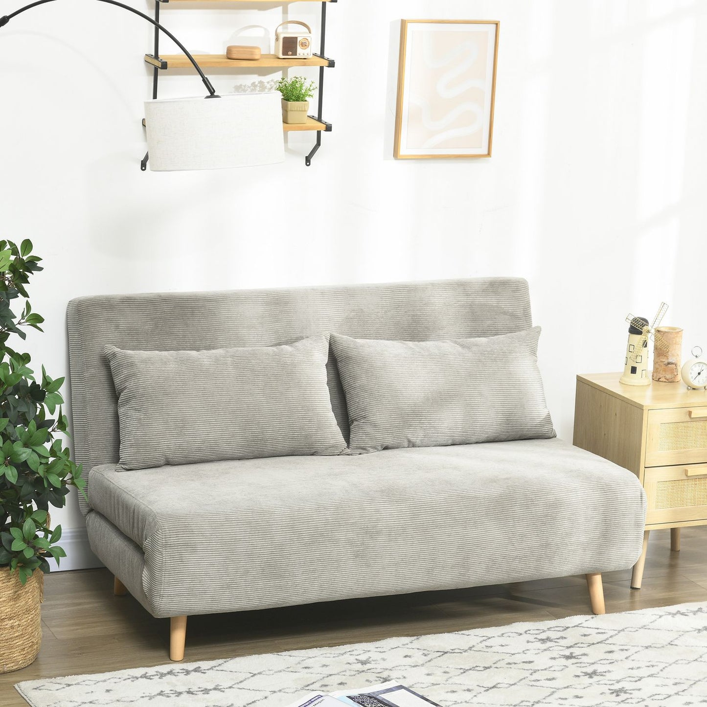 Gray velvet sofa bed with adjustable backrest, 141cm