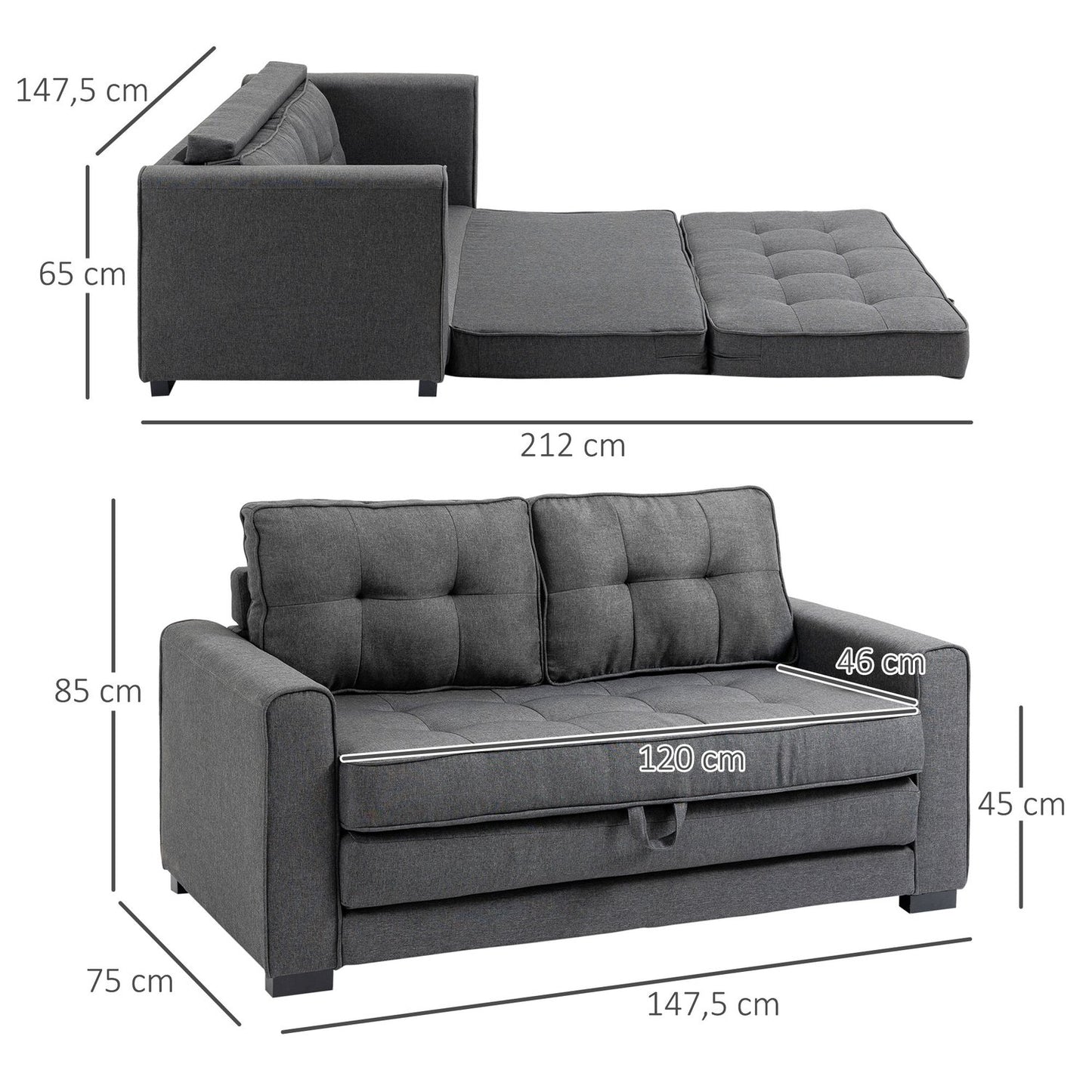 Gray linen Touch folding sofa bed with sleep function