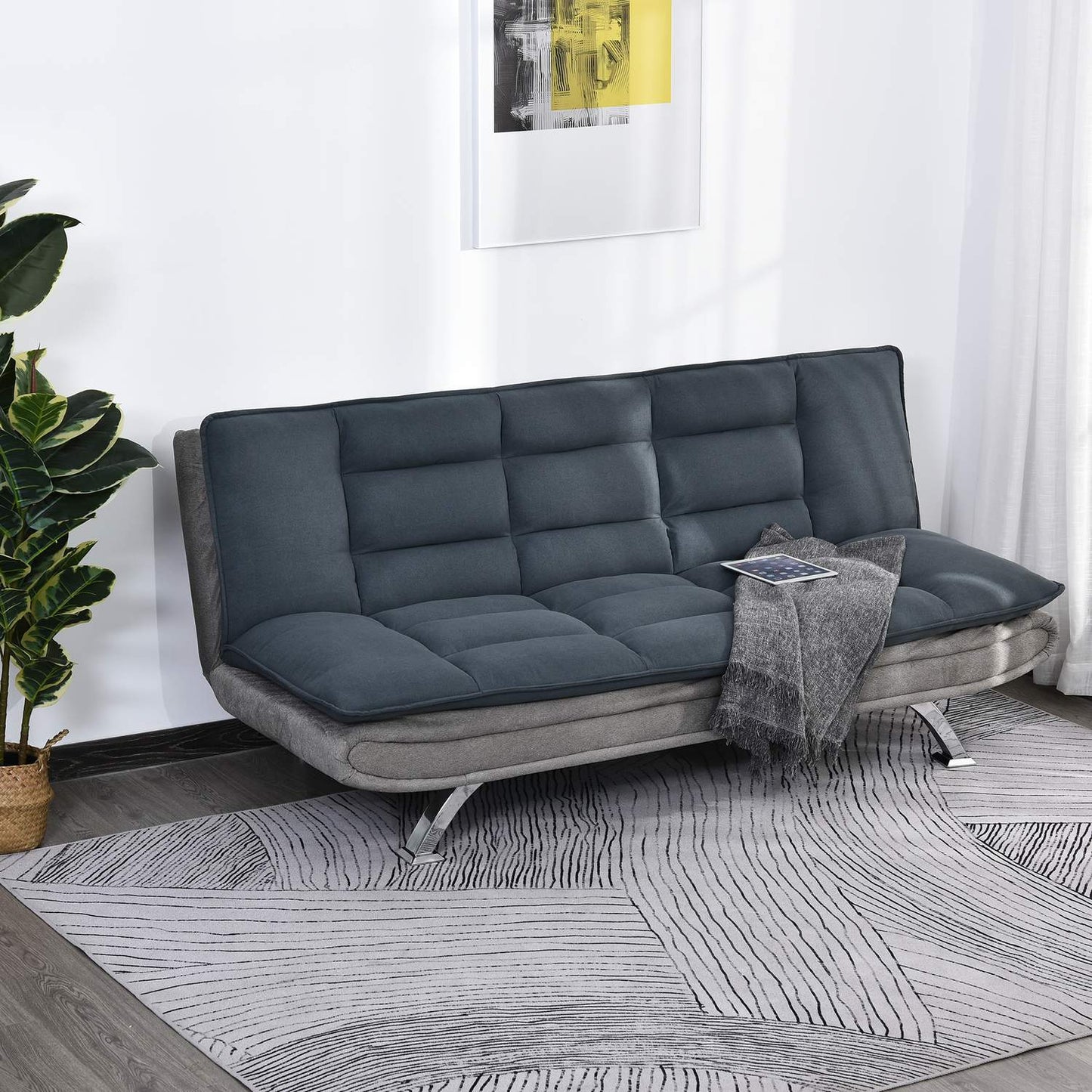 Folding sofa bed - 3-seater with chaise longue, grey/beige