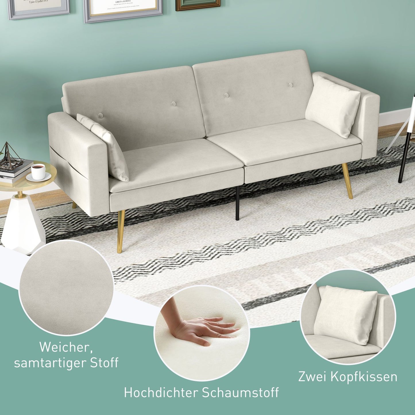 Beige sofa bed, 2-seater with adjustable backrest & pocket