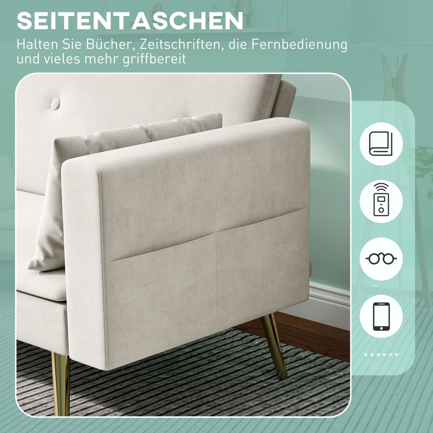 Beige sofa bed, 2-seater with adjustable backrest & pocket