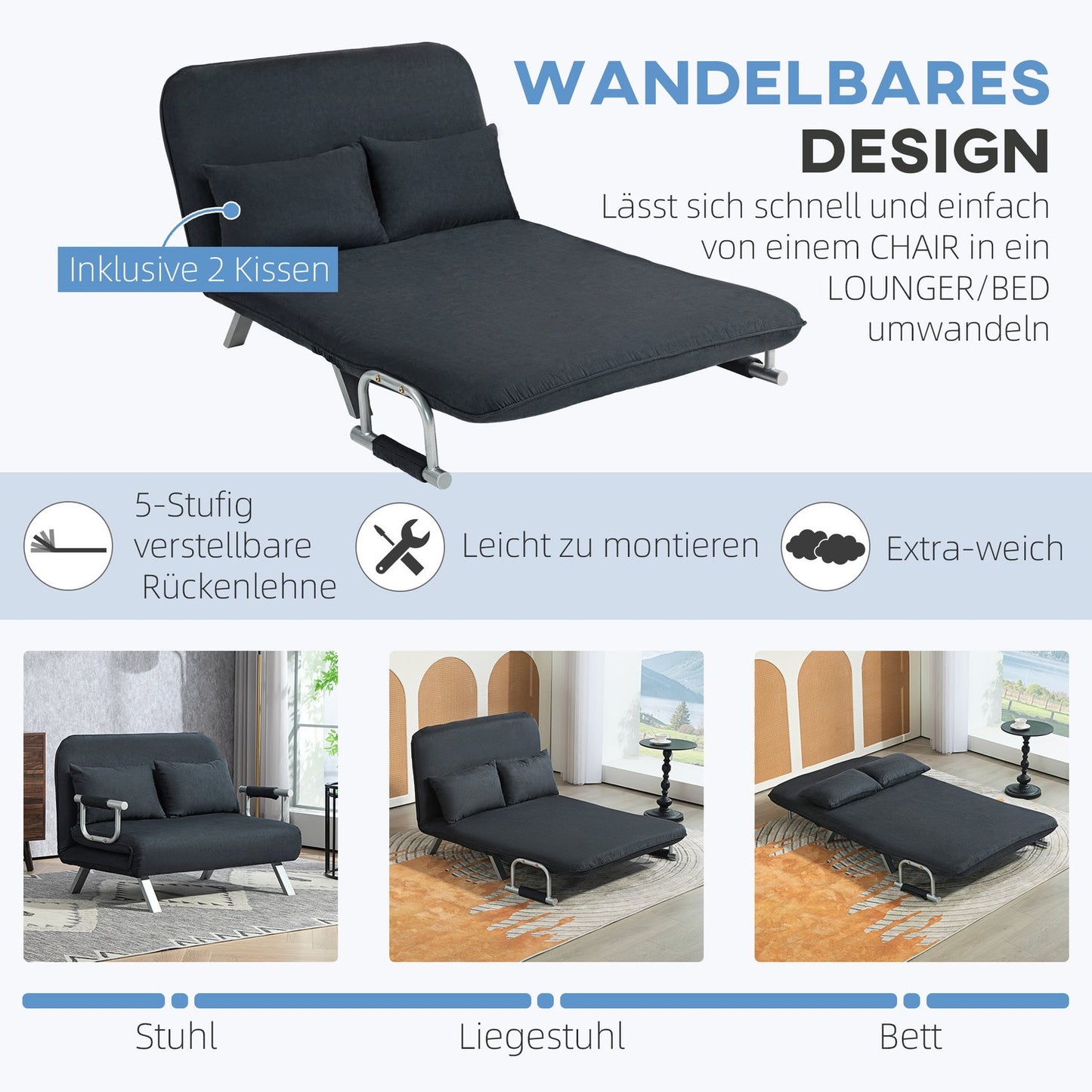 Black 2-seater sofa bed, adjustable backrest, velvet finish